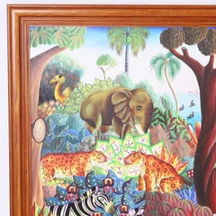 Jerome Polycarpe Vintage Haitian Painting on Canvas on a Jungle with Animals