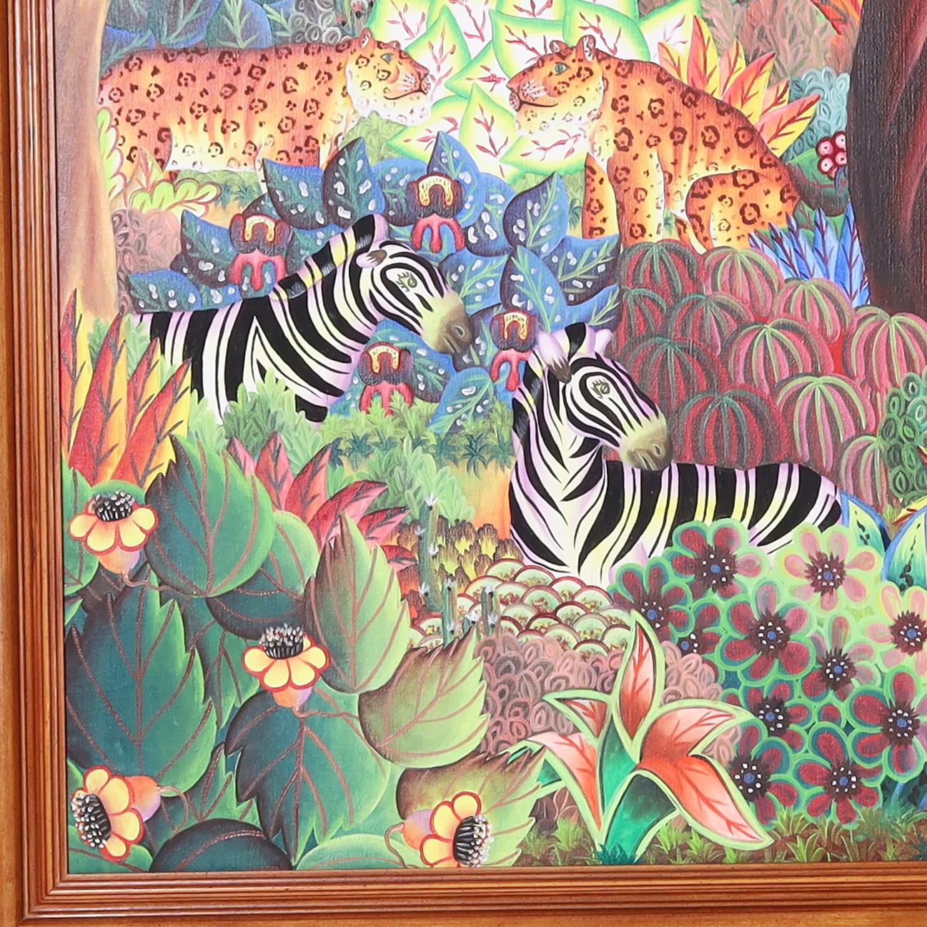 Jerome Polycarpe Vintage Haitian Painting on Canvas on a Jungle with Animals In Good Condition For Sale In Palm Beach, FL