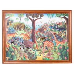 Jerome Polycarpe Antique Haitian Painting on Canvas on a Jungle with Animals