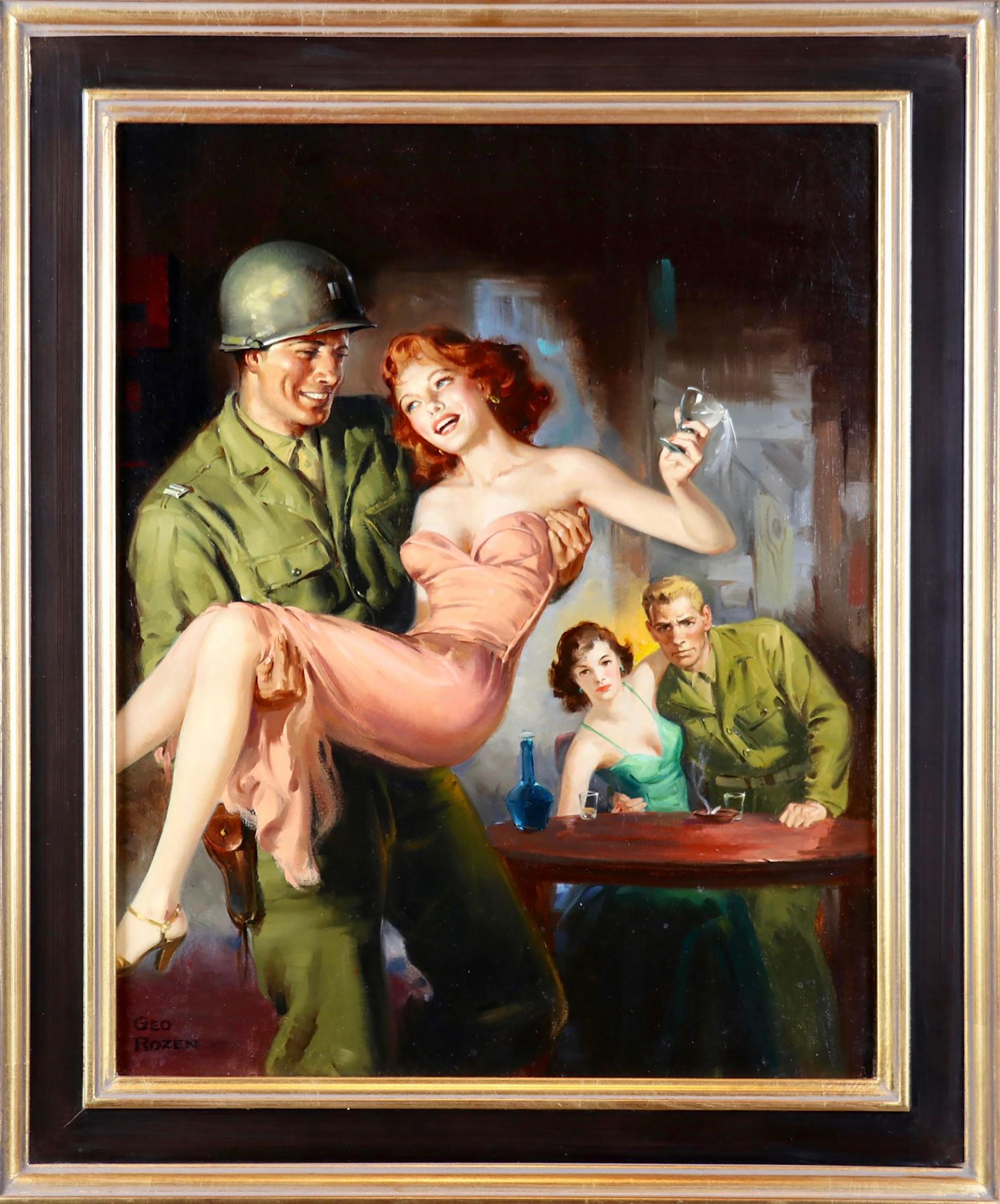 Un soldat transportant une femme dans un café - Painting de Jerome Rozen