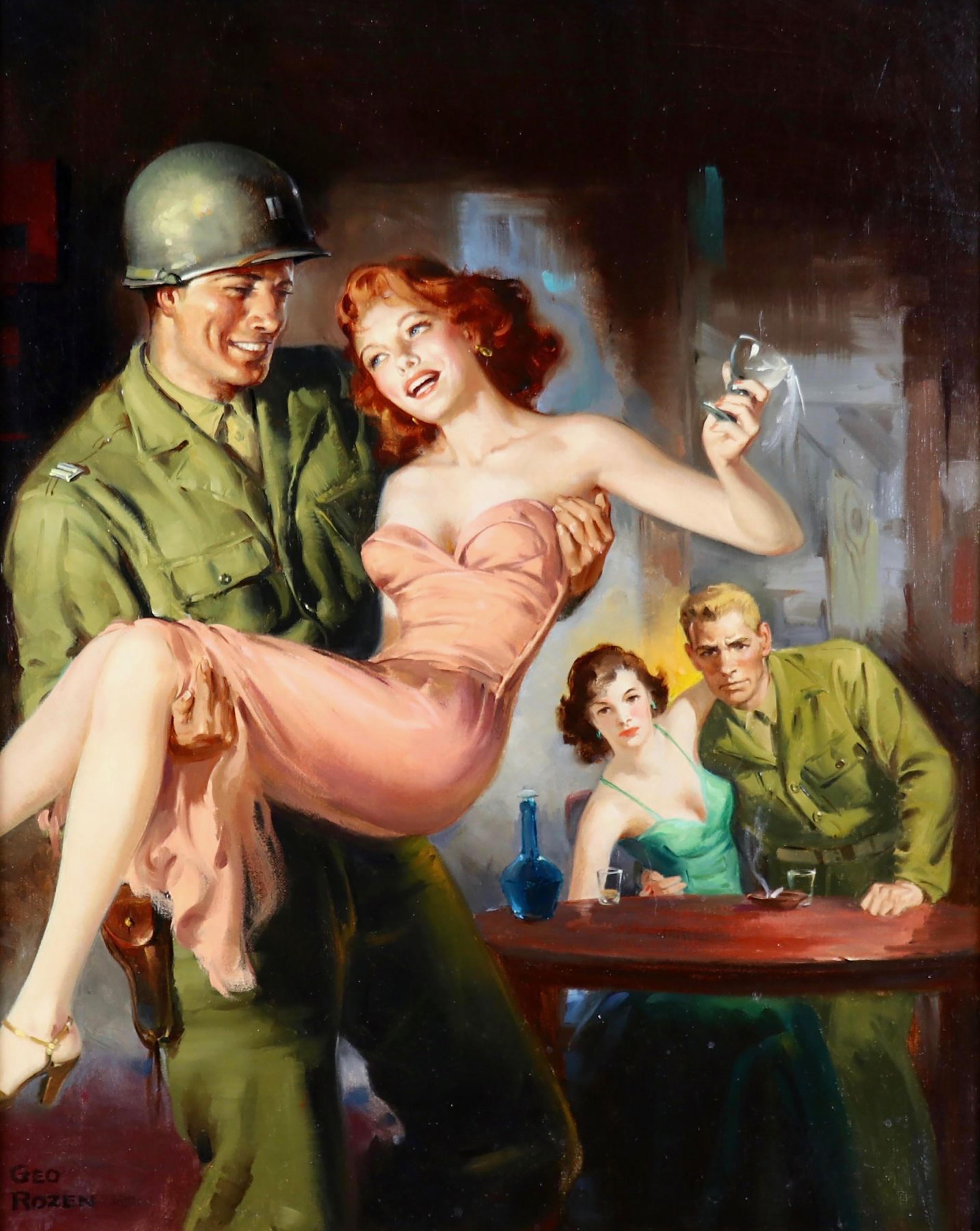 Figurative Painting Jerome Rozen - Un soldat transportant une femme dans un café
