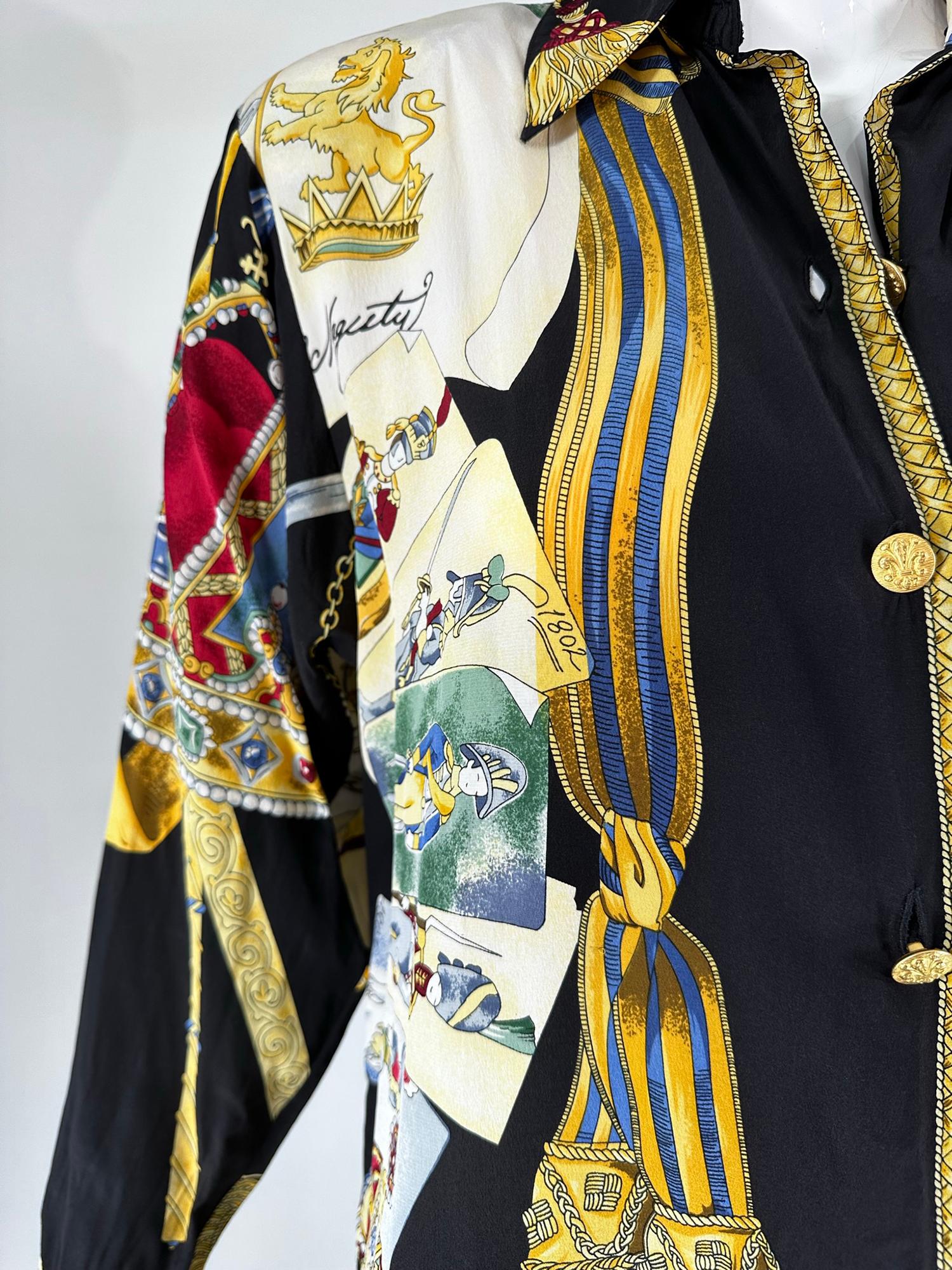 Jerri Sherman Collection Her Royal Majesty Military Silk Print Blouse 1990s 7