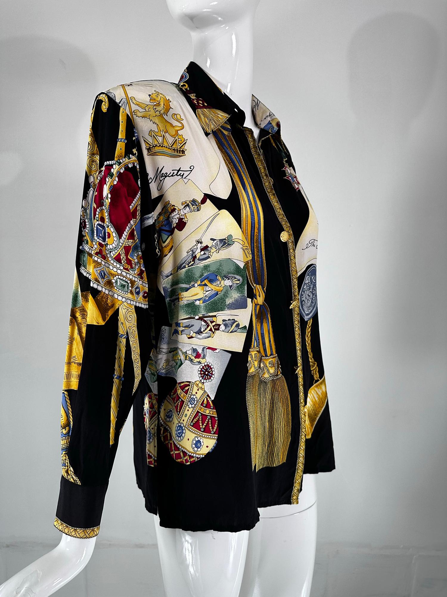 Jerri Sherman Collection Her Royal Majesty Military Silk Print Blouse 1990s In Good Condition In West Palm Beach, FL