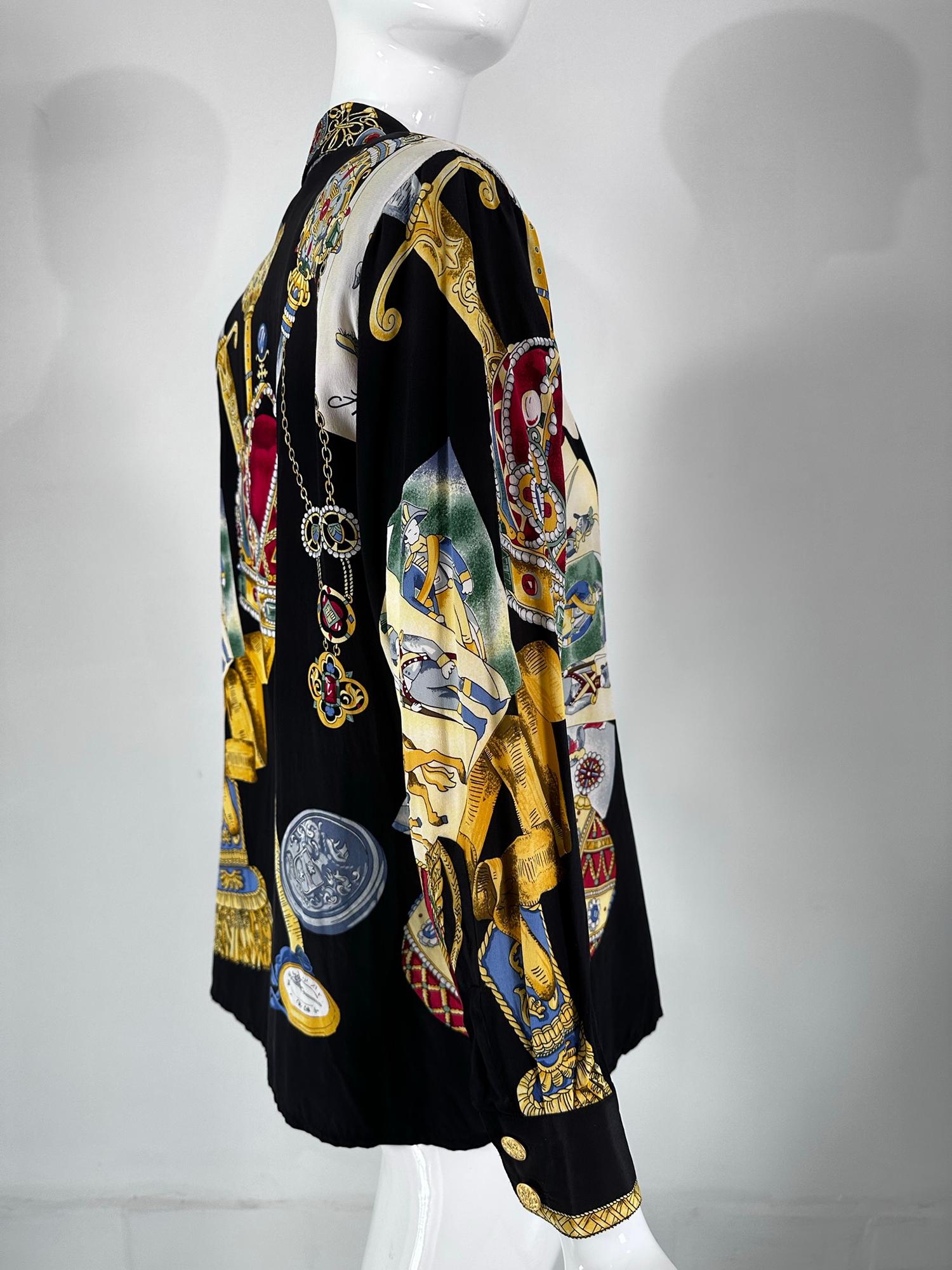 Women's or Men's Jerri Sherman Collection Her Royal Majesty Military Silk Print Blouse 1990s