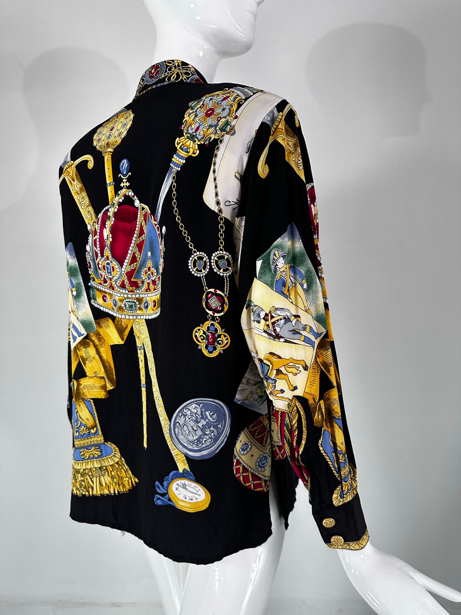 Jerri Sherman Collection Her Royal Majesty Military Silk Print Blouse 1990s 1