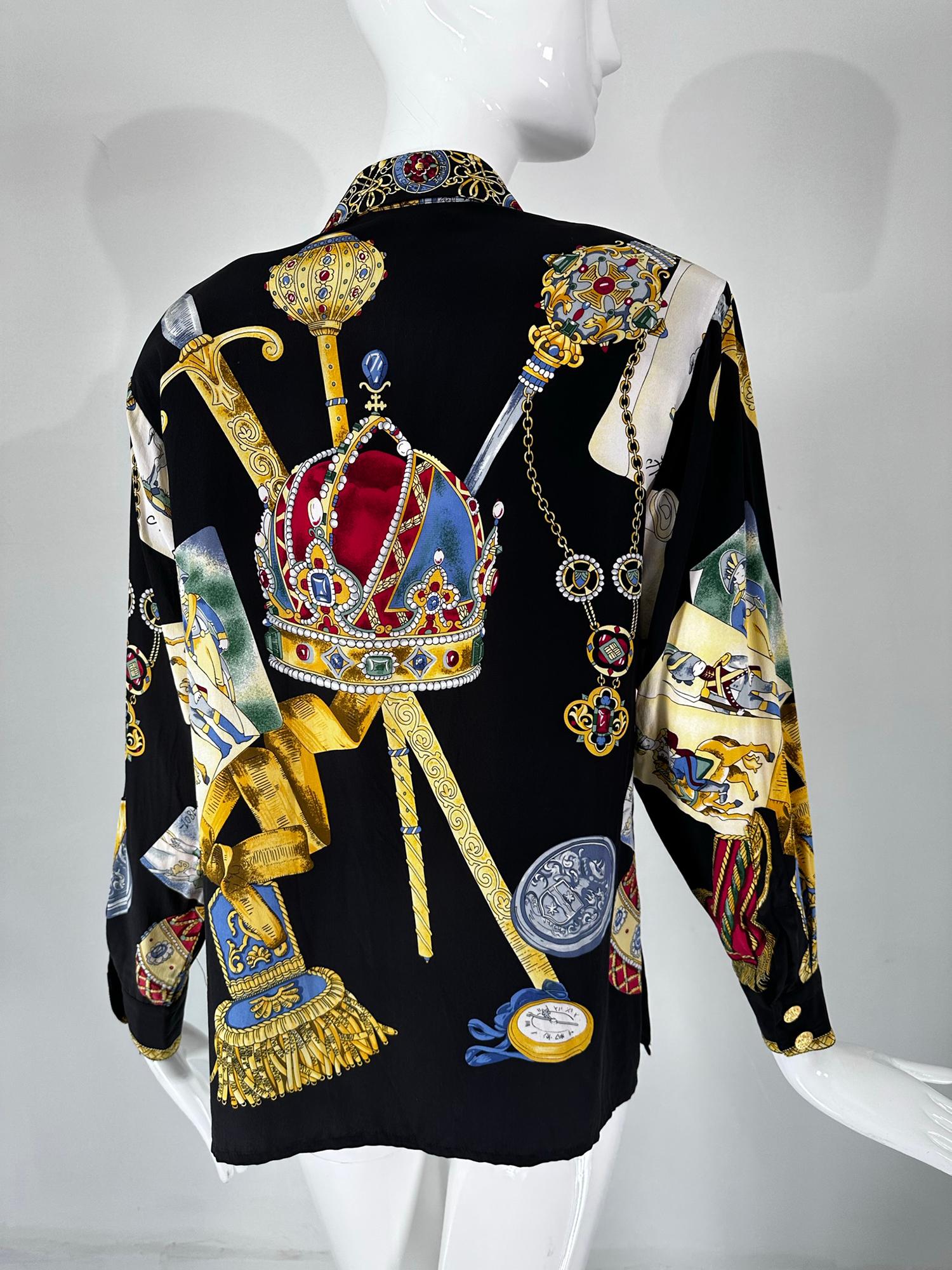 Jerri Sherman Collection Her Royal Majesty Military Silk Print Blouse 1990s 2
