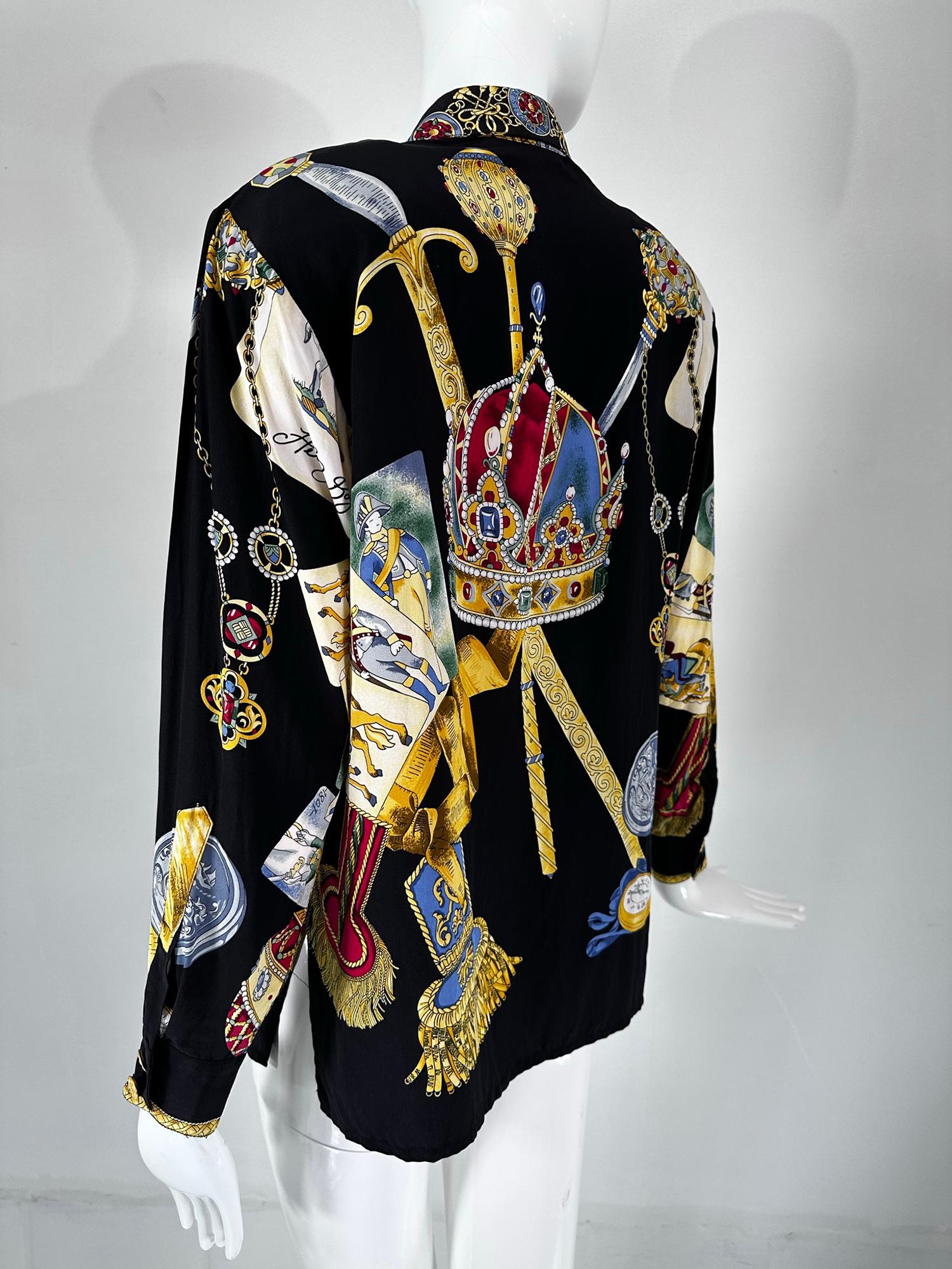 Jerri Sherman Collection Her Royal Majesty Military Silk Print Blouse 1990s 3