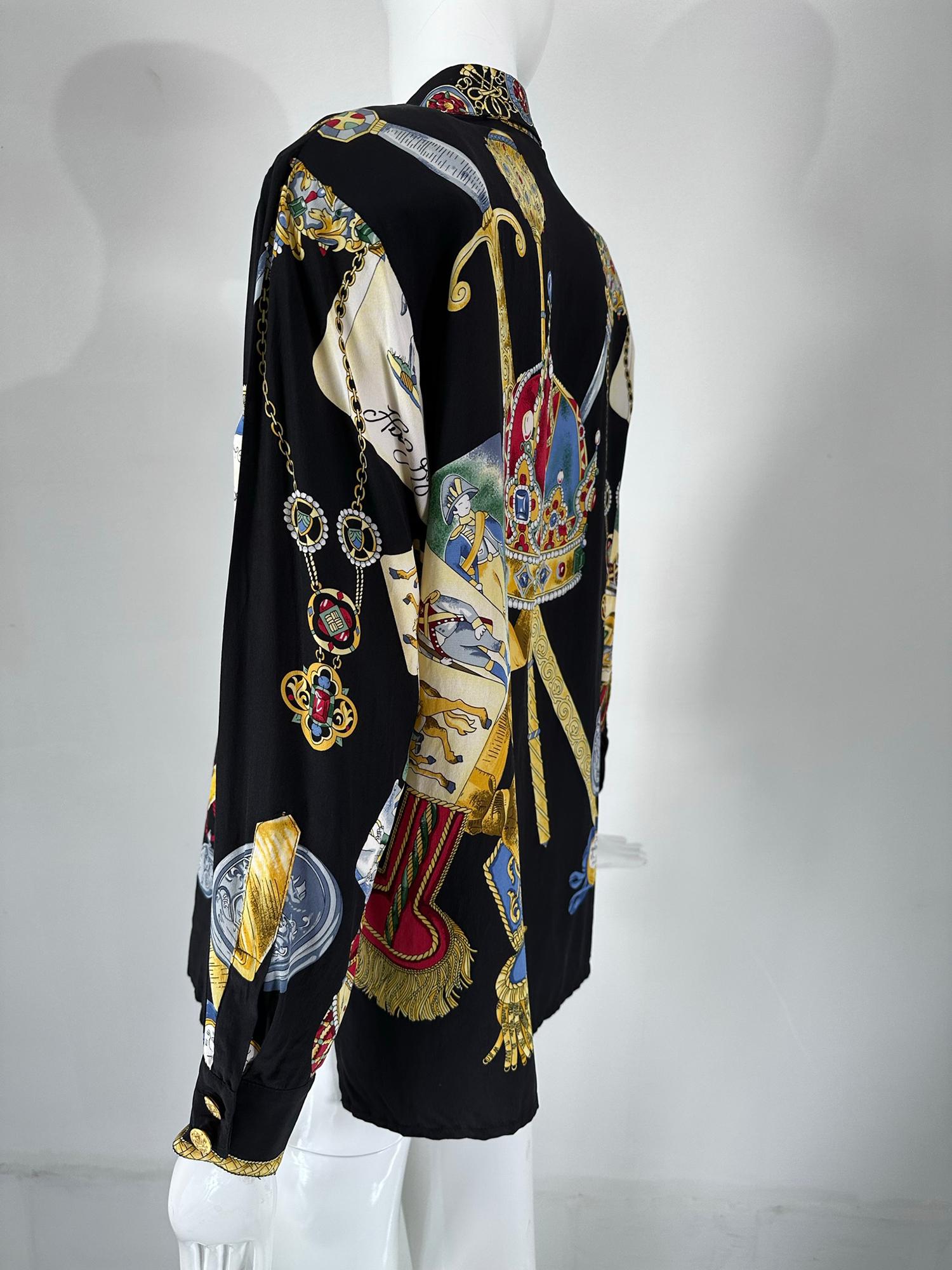 Jerri Sherman Collection Her Royal Majesty Military Silk Print Blouse 1990s 4
