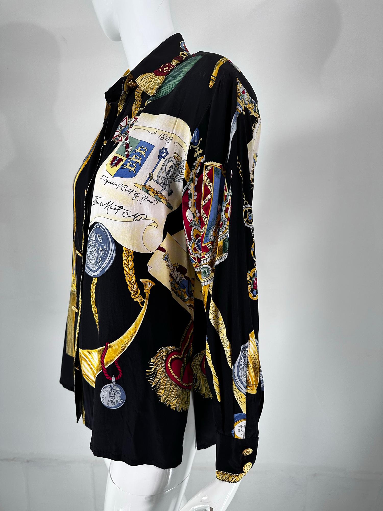 Jerri Sherman Collection Her Royal Majesty Military Silk Print Blouse 1990s 5