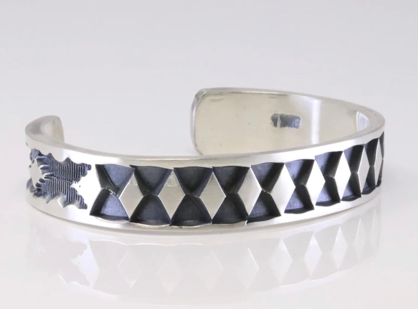 Modern Jerrold Tahe Navajo Native American Sterling Silver Hand Stamped Cuff Bracelet