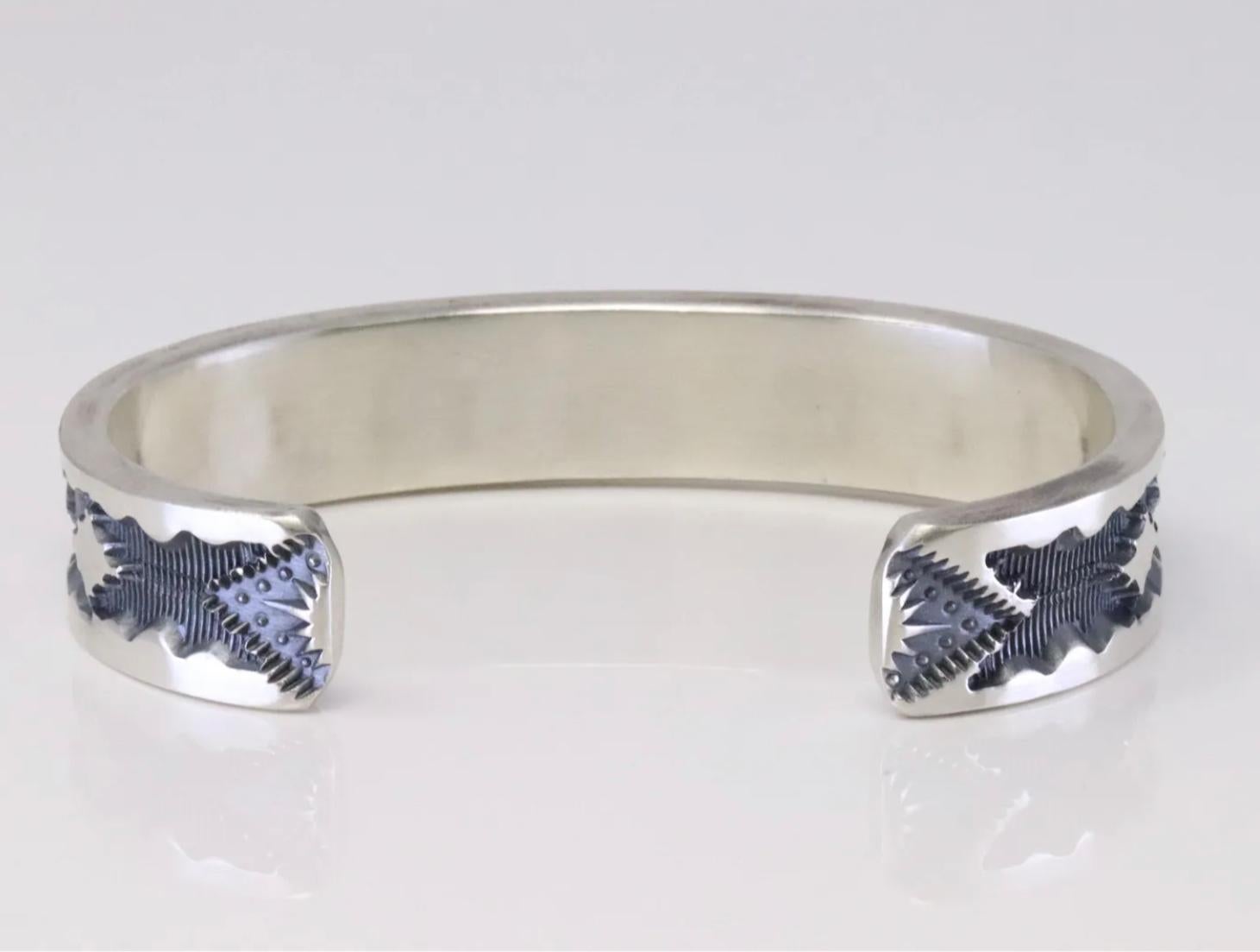Jerrold Tahe Navajo Native American Sterling Silver Hand Stamped Cuff Bracelet In Good Condition In San Diego, CA