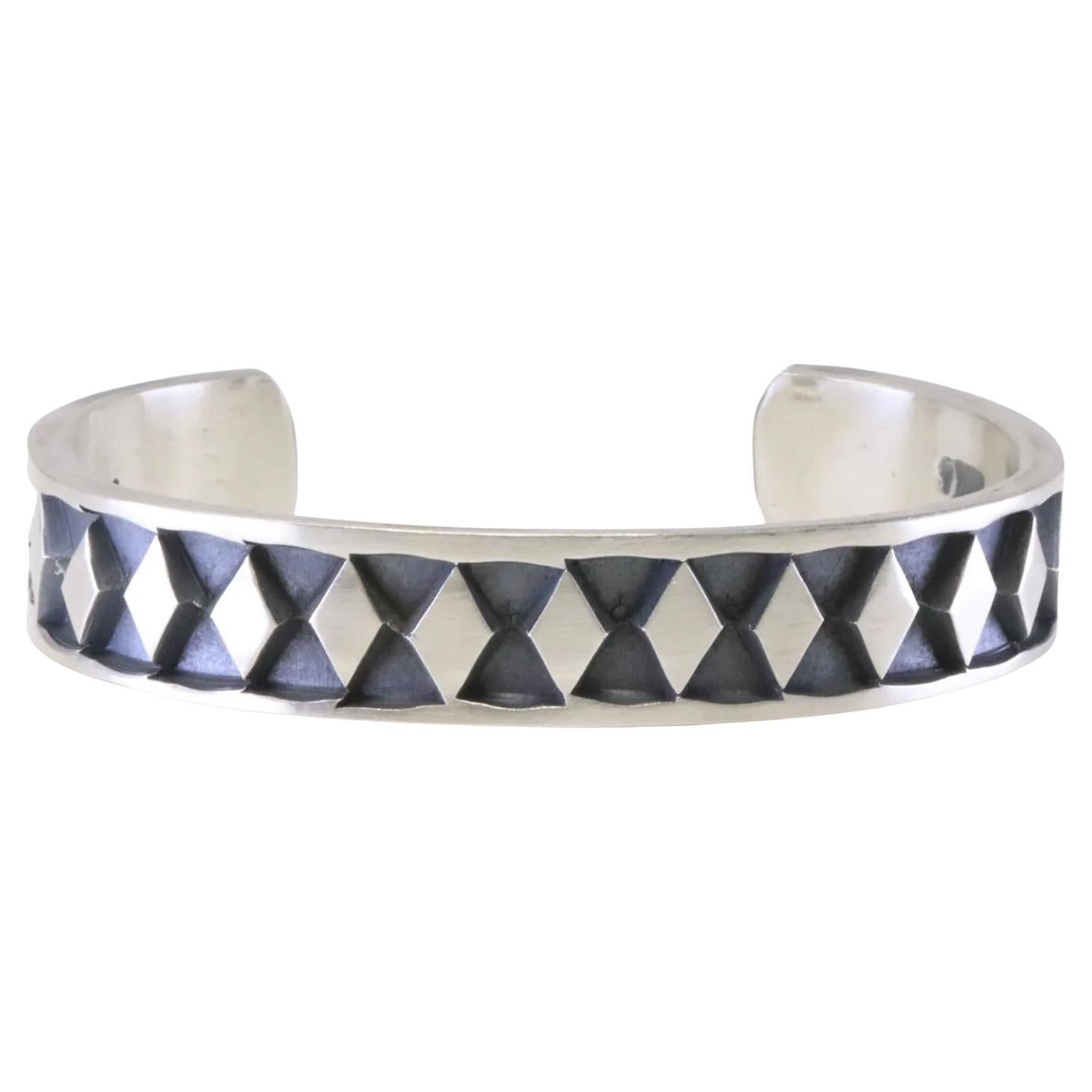 Jerrold Tahe Navajo Native American Sterling Silver Hand Stamped Cuff Bracelet