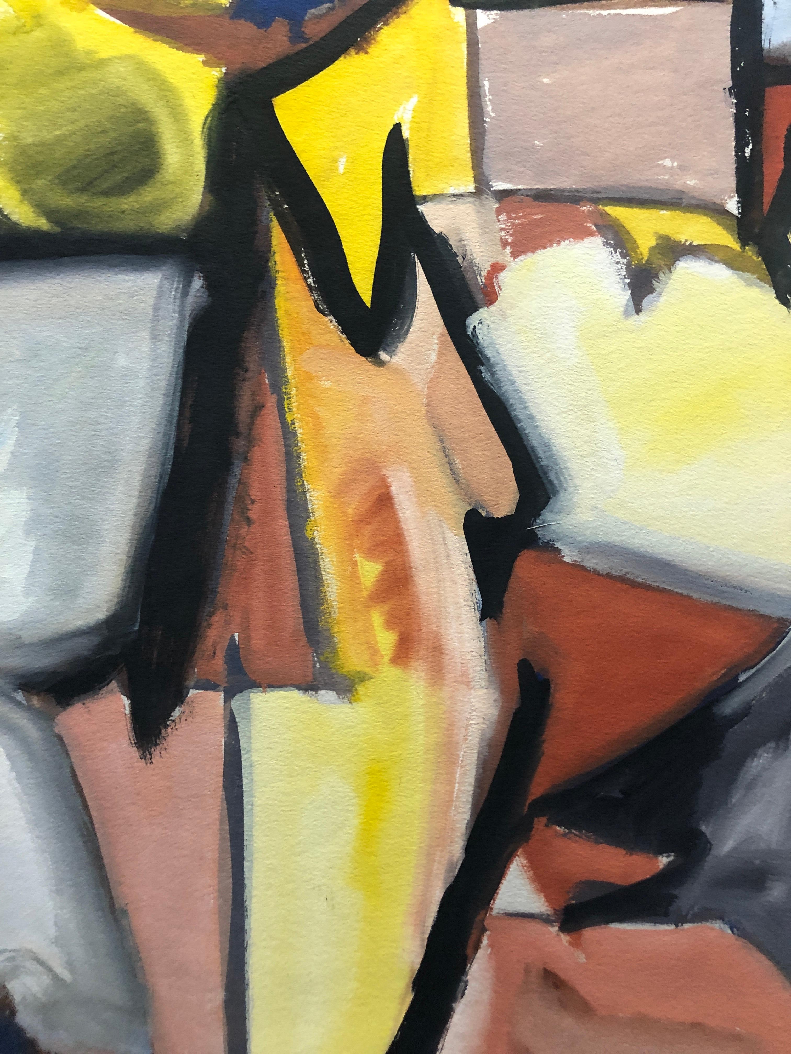 Abstraktes figuratives Gemälde „Yellow Cubist Figur“ aus den 1950er Jahren (Braun), Figurative Painting, von Jerry & Ruth Opper Estate