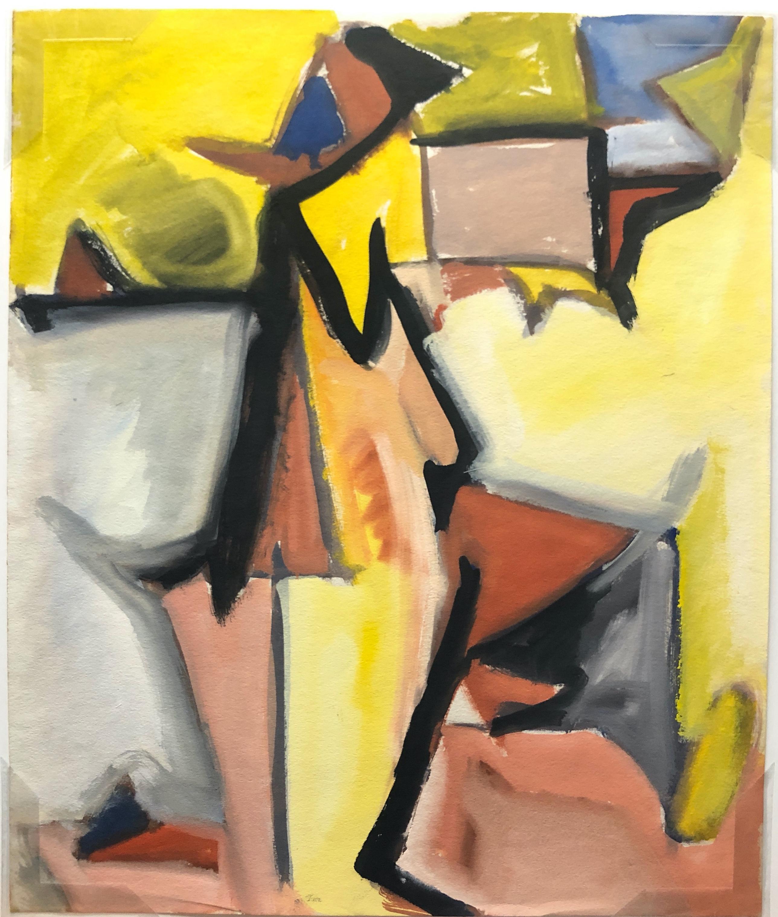 Abstraktes figuratives Gemälde „Yellow Cubist Figur“ aus den 1950er Jahren – Painting von Jerry & Ruth Opper Estate