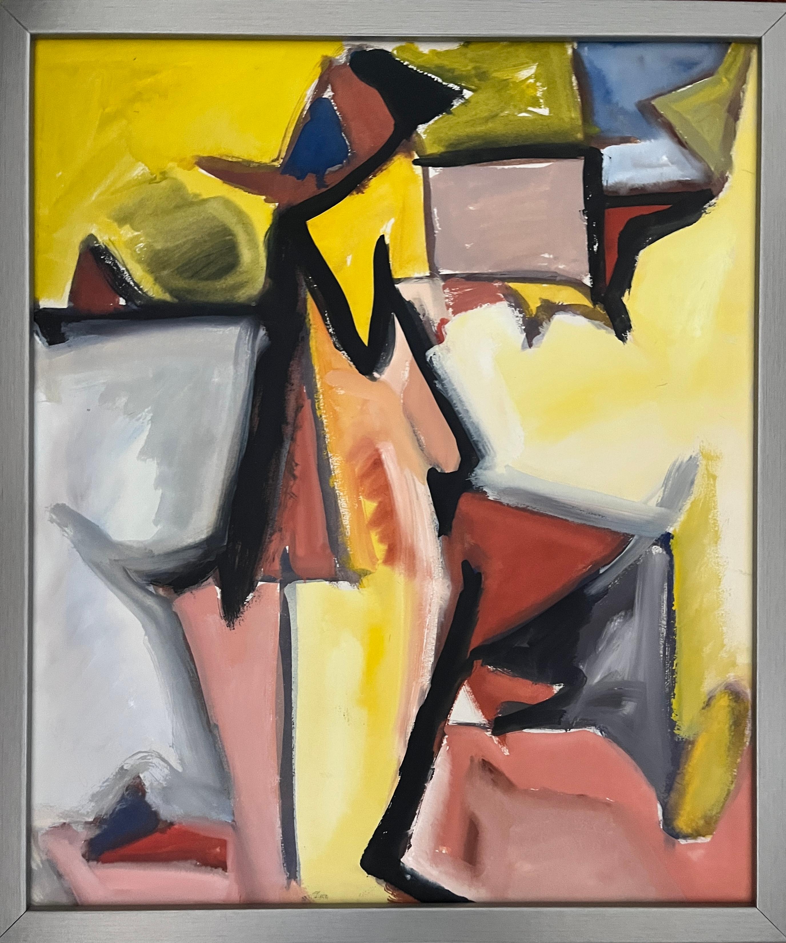 From the estate of Jerry Opper & Ruth Friedmann Opper
Yellow Cubist FIgure
c. 1940-1950's
Gouache
15" x 18", silver wood frame 16"x19"
Unsigned

This striking gouache painting features a vibrant yellow cubist figure against a background of earthy
