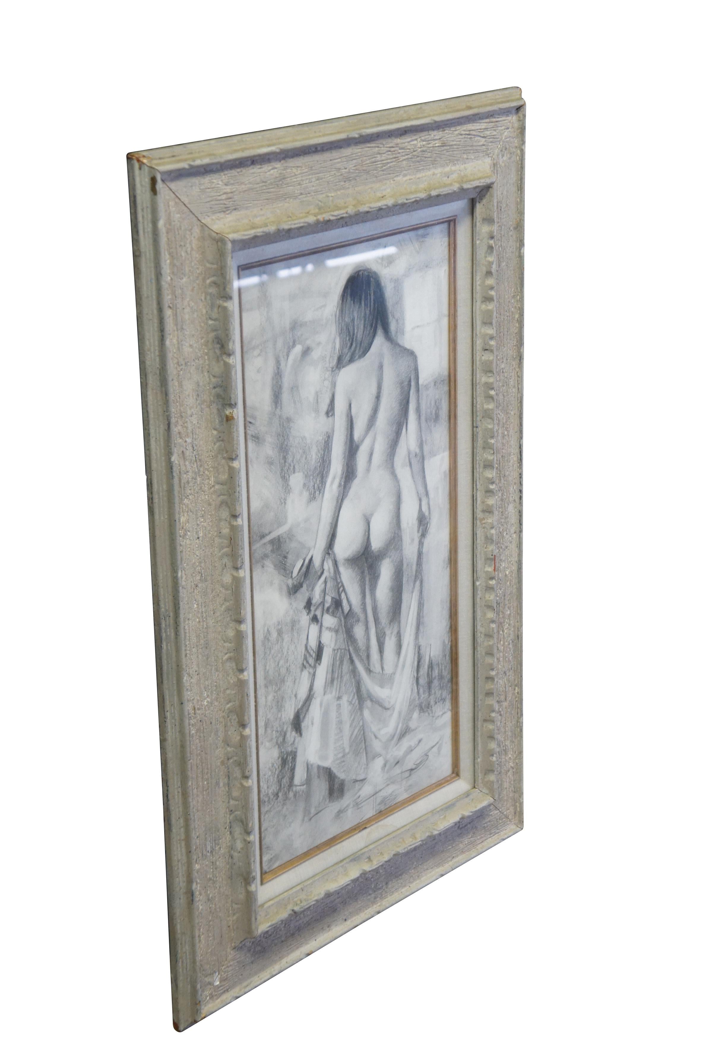 Vintage Jerry Del La Cruz dessin original au fusain sur papier intitulé Kavin, At Home.  Présente une femme nue en train de se déshabiller.  Vers 1974.

Jerry De La Cruz est originaire de Denver et maintient fermement son statut d'artiste