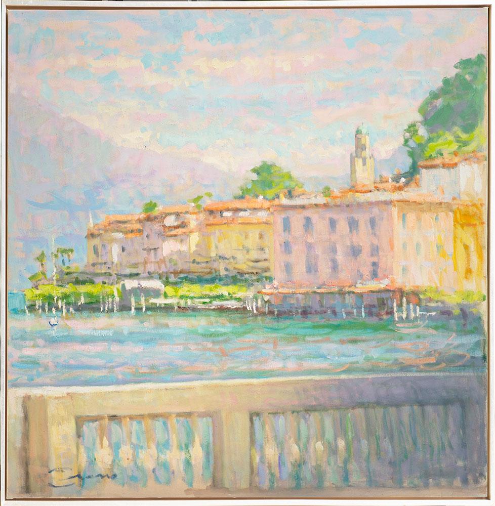 Jerry Fresia Landscape Painting - "Blue Skies Over Bellagio" – Impressionist landscape painting, oil on canvas