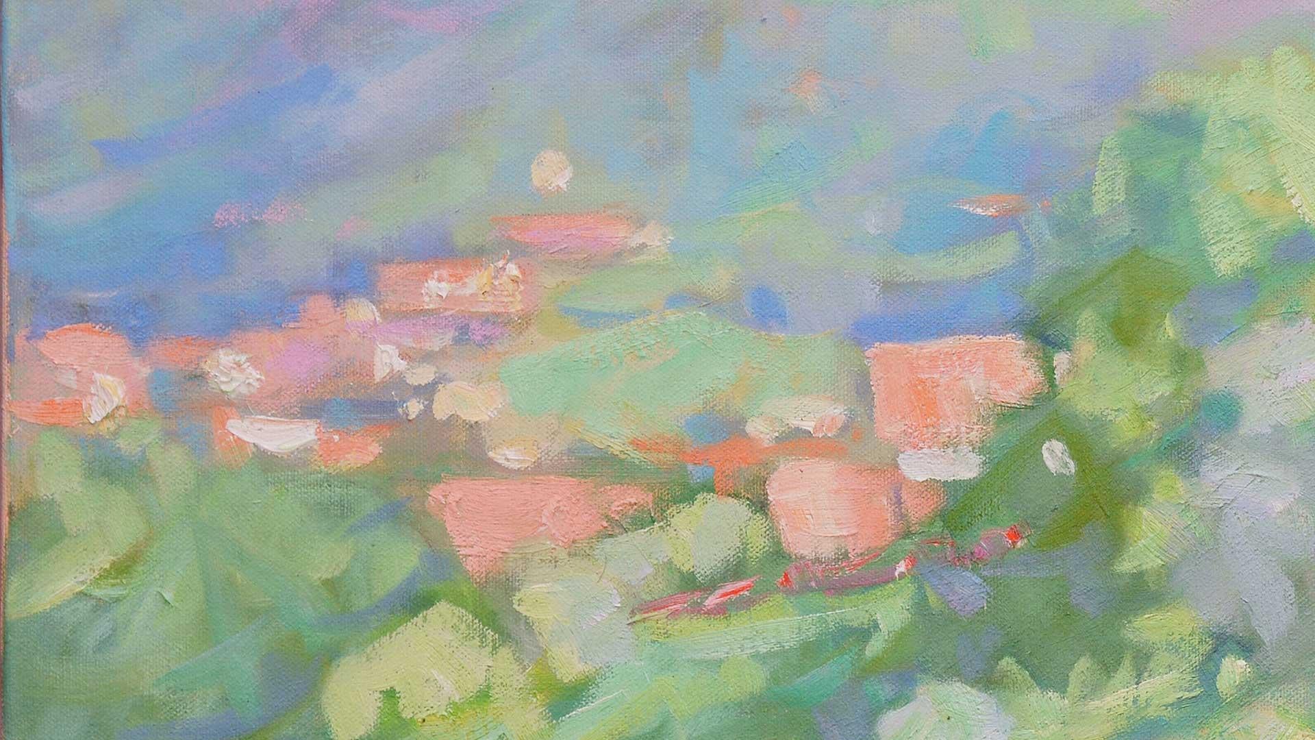 “Il Mio Quartiere” (My Neighborhood) by Jerry Fresia is an Impressionist landscape painting of Lake Como, Italy. This original painting is a view of the houses south of where Fresia lives. Now, if he just looks out across these houses and thinks