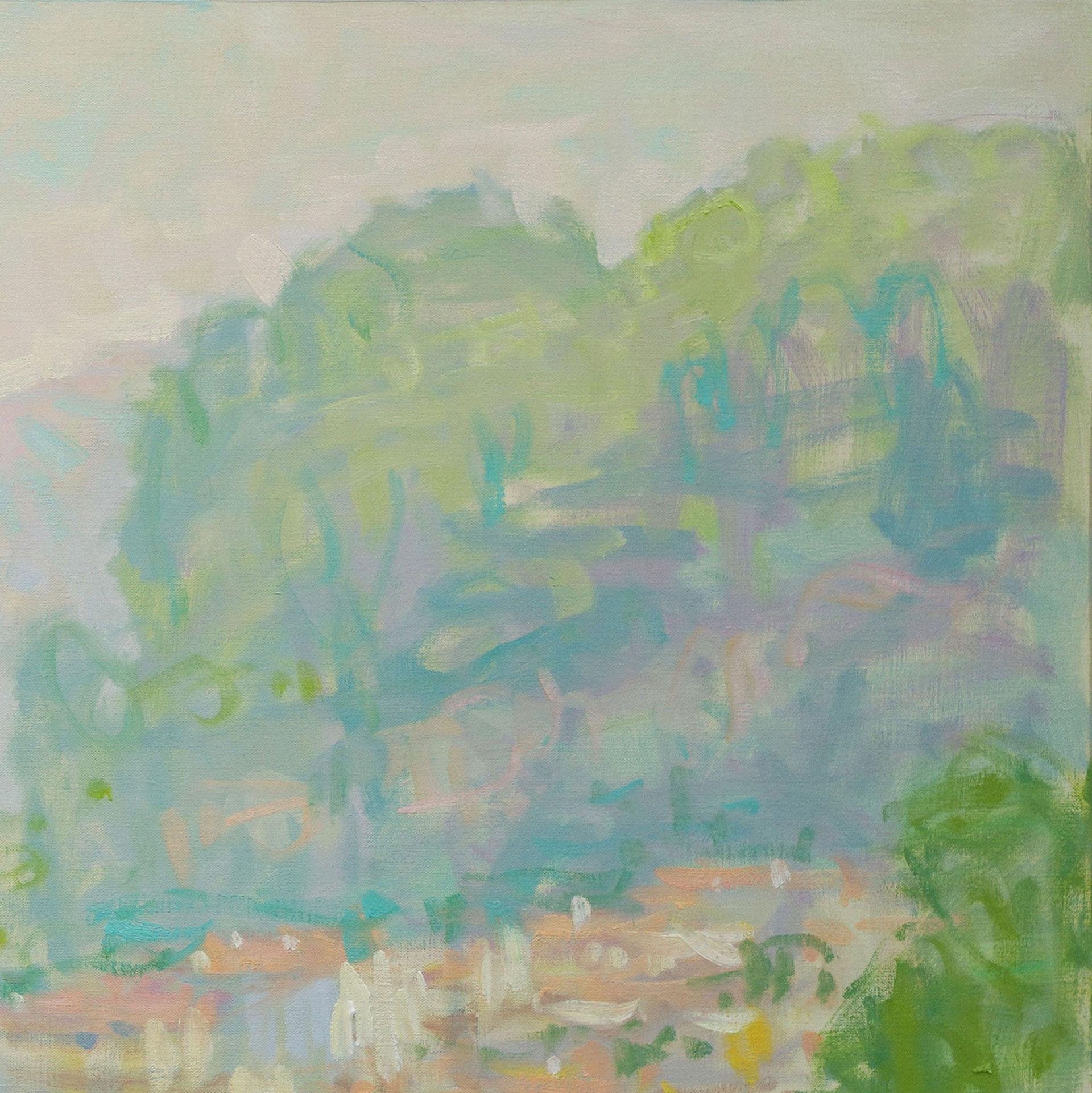 “Soft Colors On A Calm Morning” by Jerry Fresia is an Impressionist landscape painting of Lake Como, Italy, that was painted en plein air. Monet famously said that the fog of London was what made the city beautiful. Fresia feels the same way about