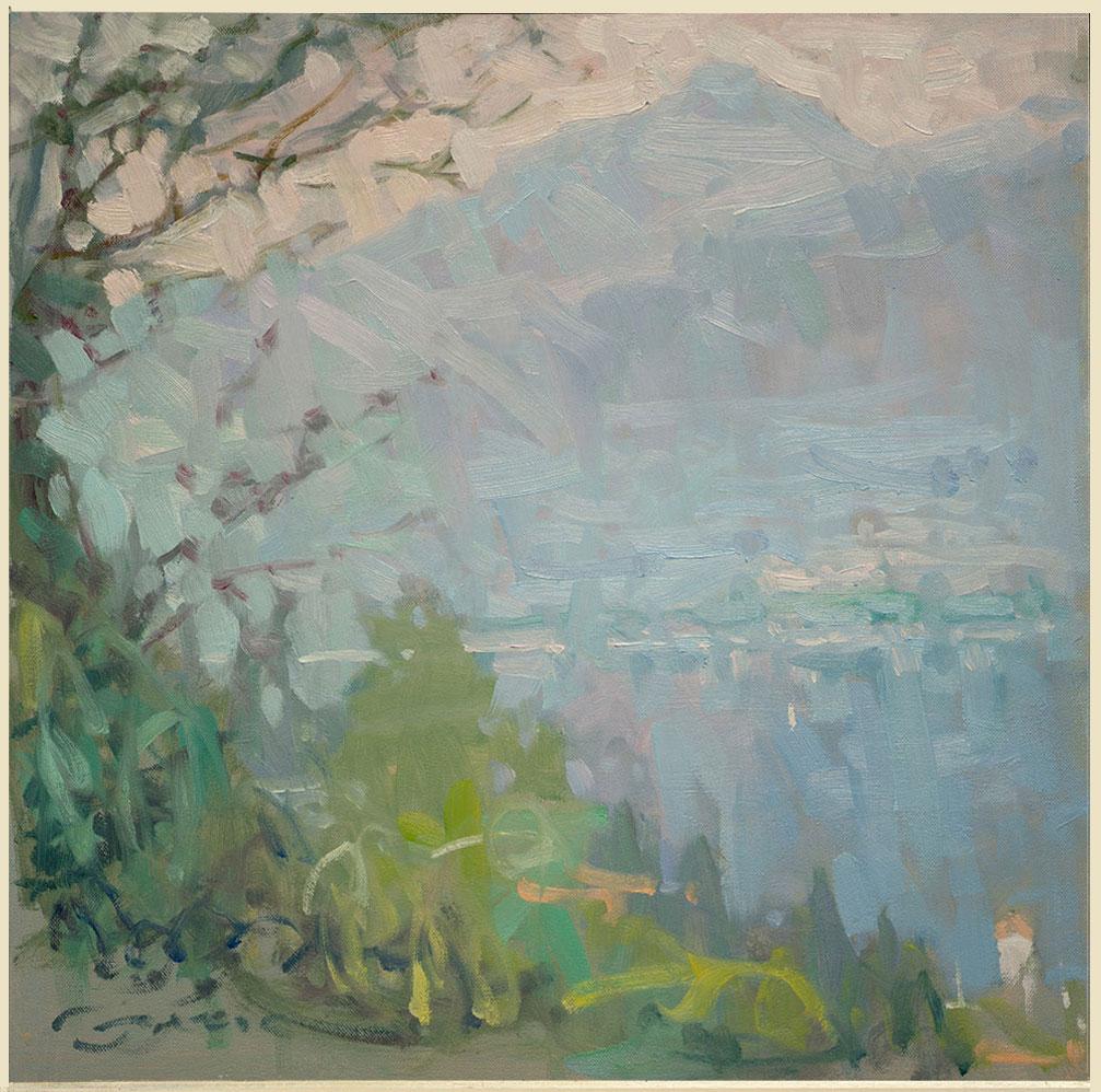 Jerry Fresia Landscape Painting - "Subtle Greens And Blues" – Impressionist landscape painting, oil on canvas