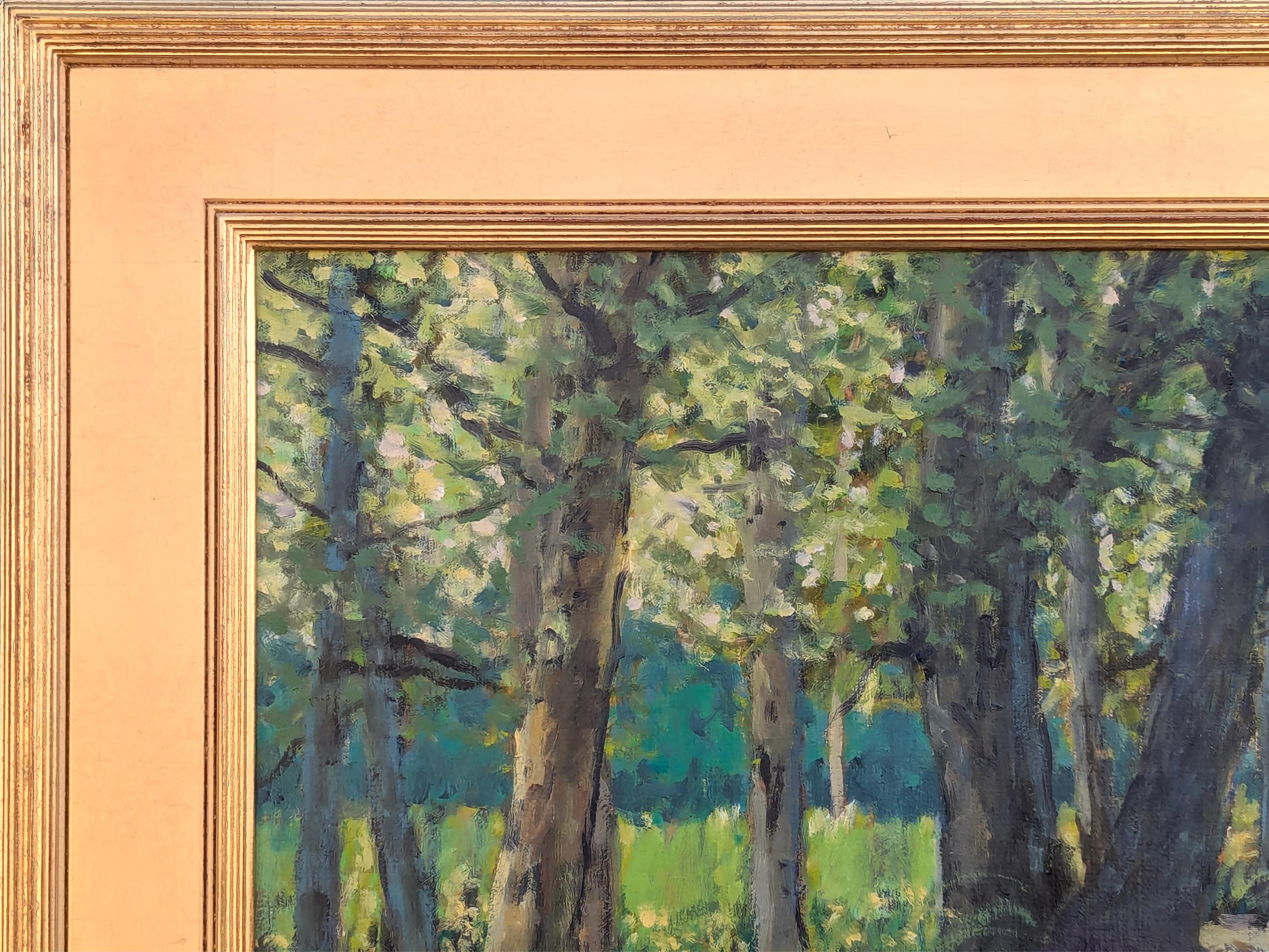 Contemporary realistic Texas landscape nature painting by Houston based artist Jerry Greenberg. The work features a path winding through a stand of lush trees. Signed in the front lower right corner as well as titled on the reverse. Currently hung