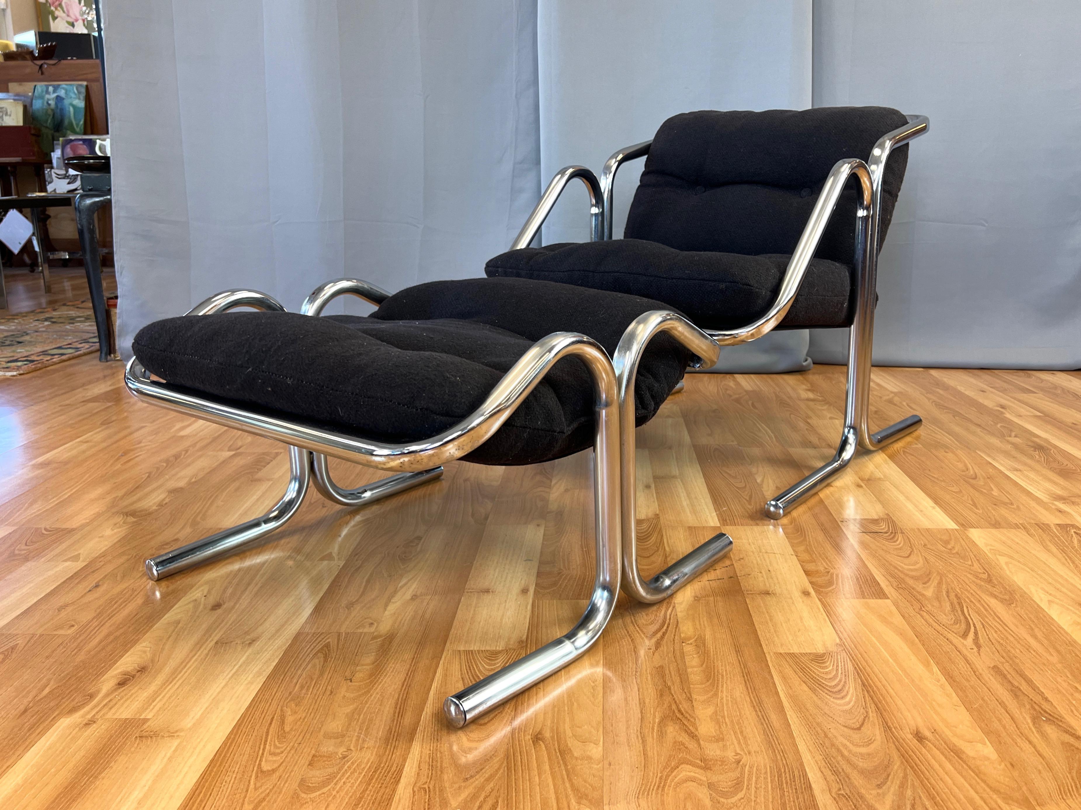 Mid-Century Modern Jerry Johnson Arcadia Tubular Chrome Lounge Chair and Footstool Set, 1972