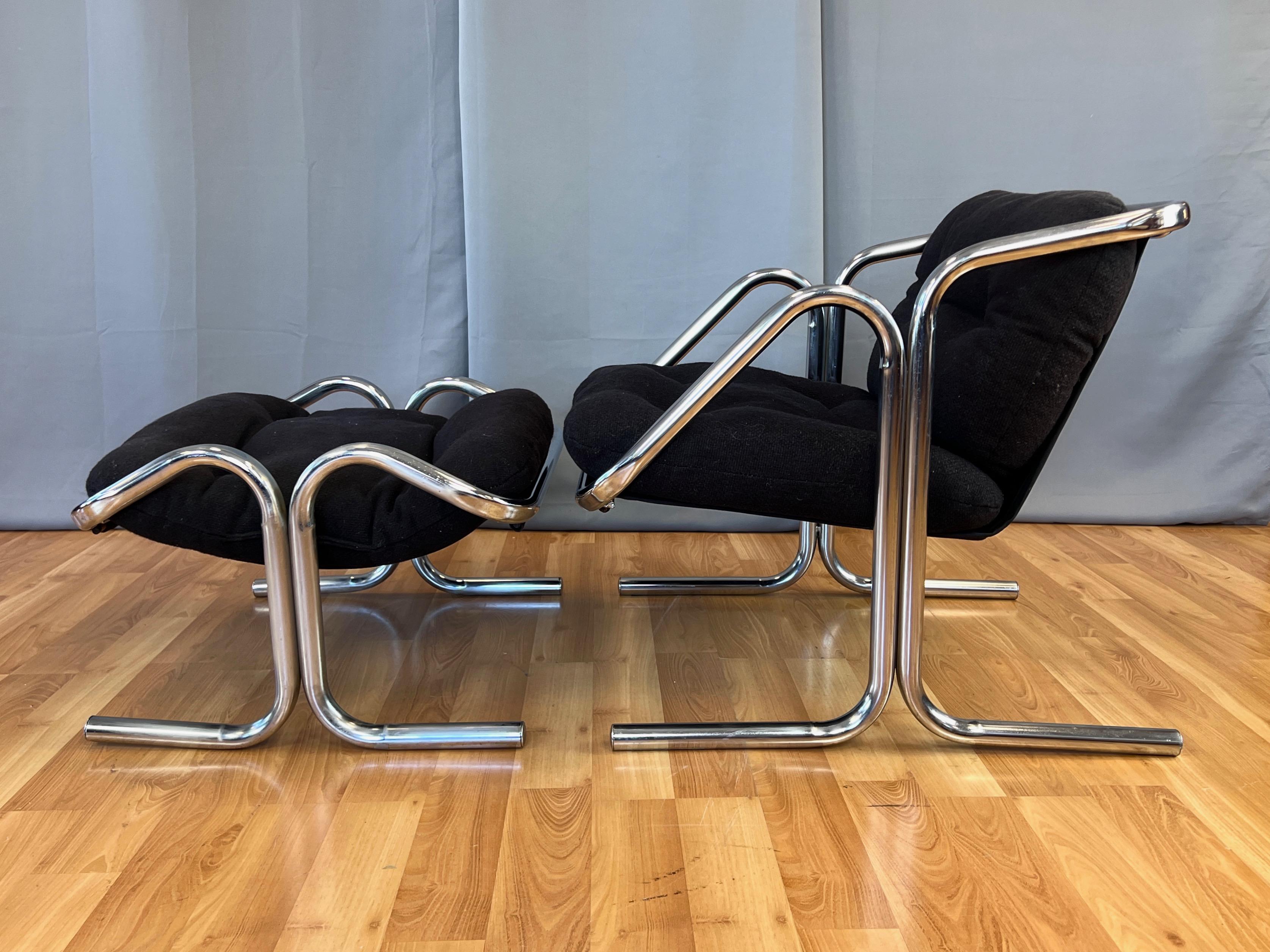 American Jerry Johnson Arcadia Tubular Chrome Lounge Chair and Footstool Set, 1972