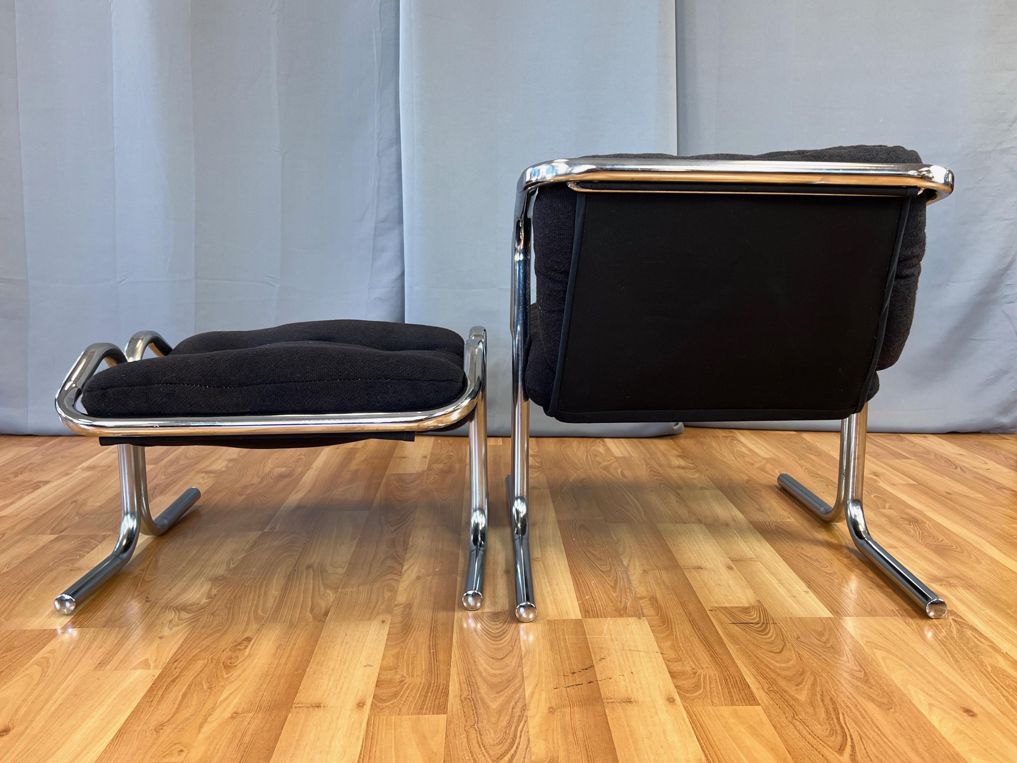 Jerry Johnson Arcadia Tubular Chrome Lounge Chair and Footstool Set, 1972 In Good Condition In San Francisco, CA