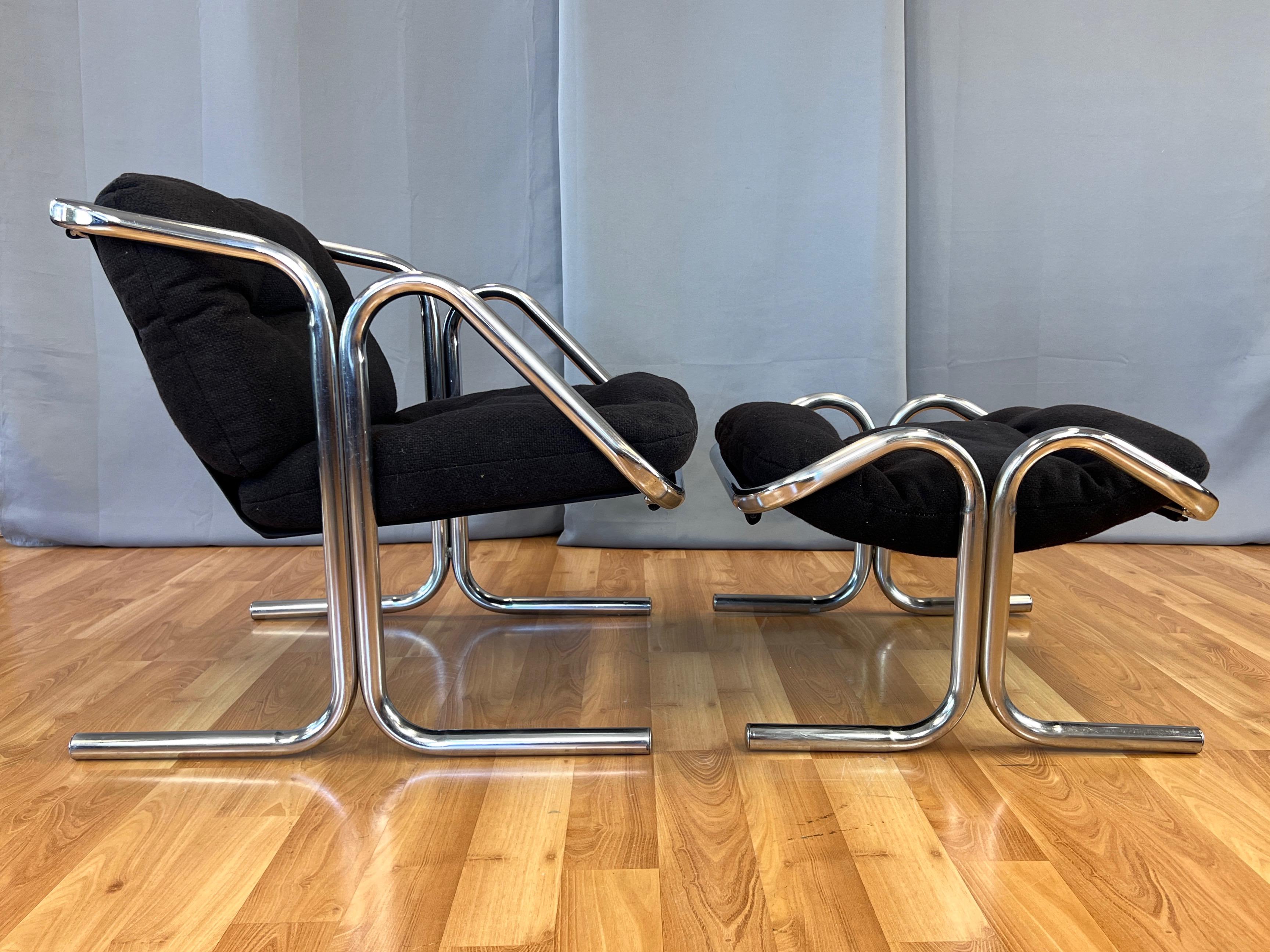 Late 20th Century Jerry Johnson Arcadia Tubular Chrome Lounge Chair and Footstool Set, 1972