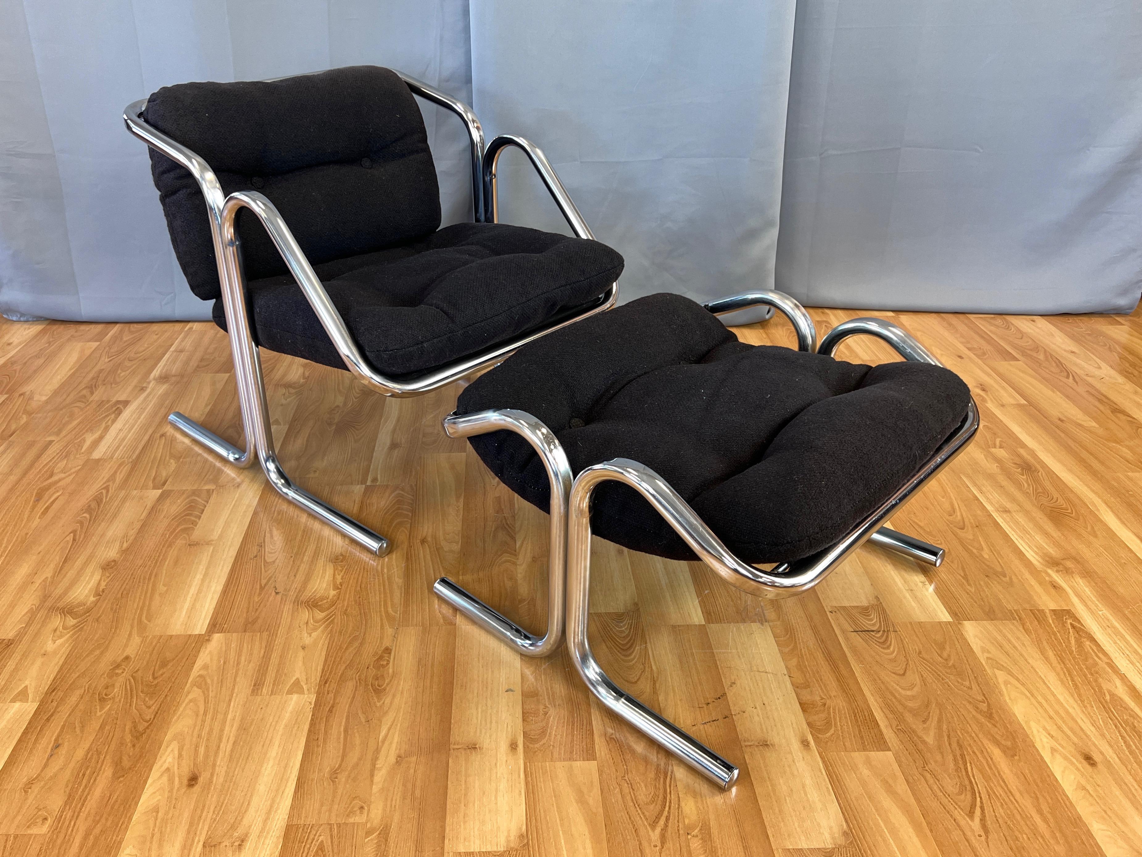 Steel Jerry Johnson Arcadia Tubular Chrome Lounge Chair and Footstool Set, 1972