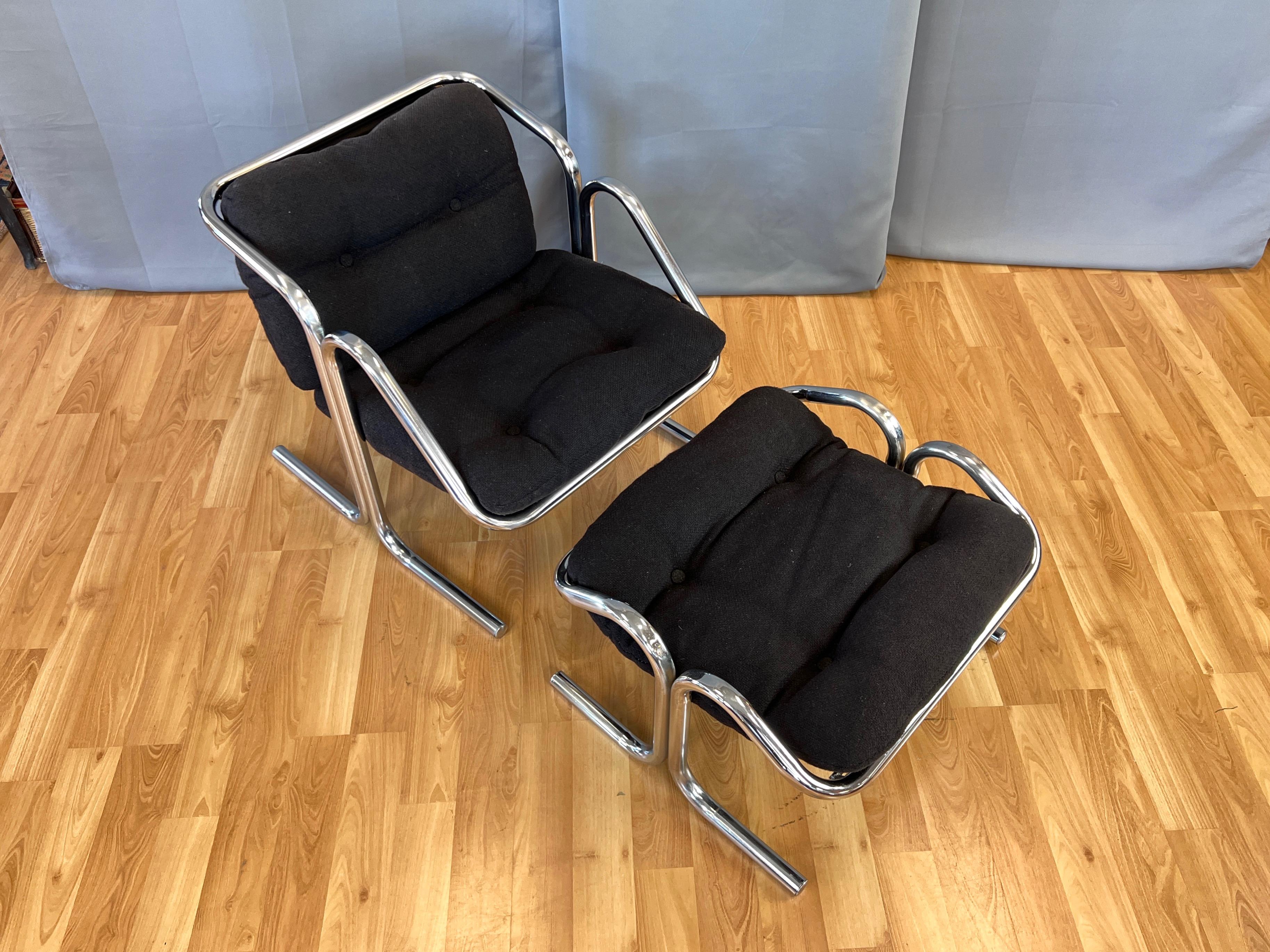 Jerry Johnson Arcadia Tubular Chrome Lounge Chair and Footstool Set, 1972 1