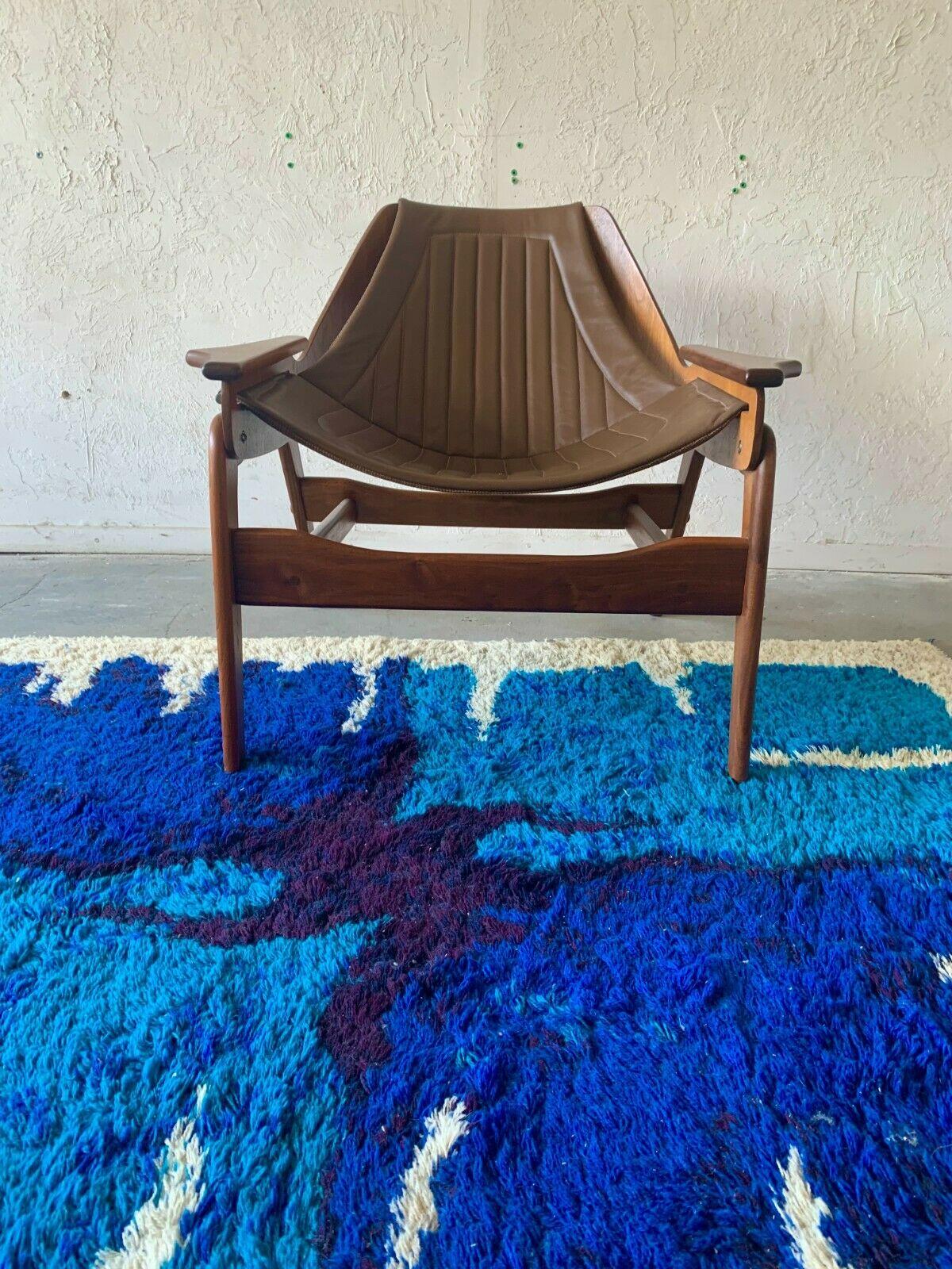 Jerry Johnson Mid-Century Modern Leather Sling Lounge Chair, MCM In Good Condition In Las Vegas, NV