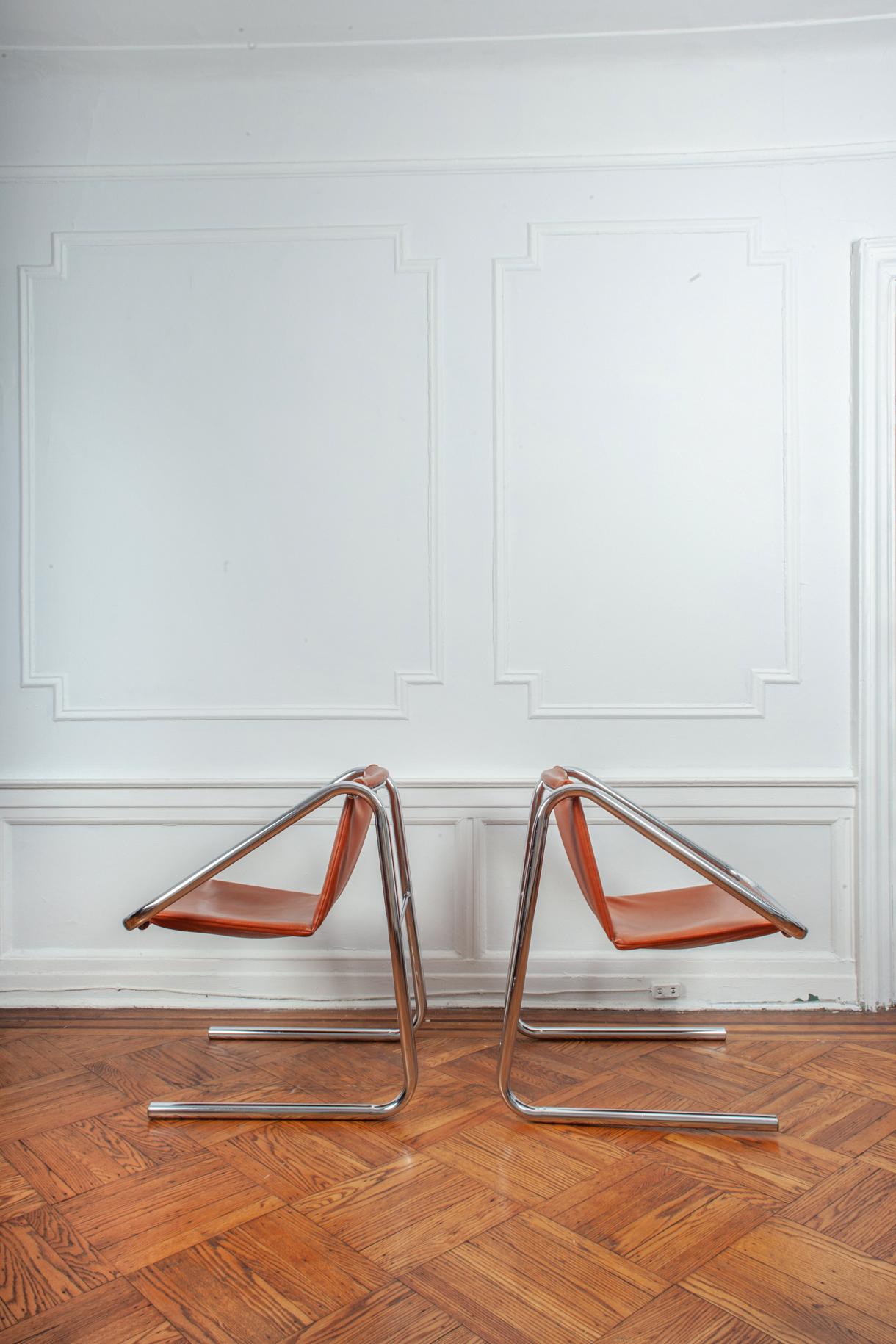 Jerry Johnson Style Chrome Leather Cantilever Chairs In Good Condition In Brooklyn, NY
