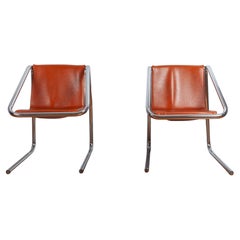 Jerry Johnson Style Chrome Leather Cantilever Chairs