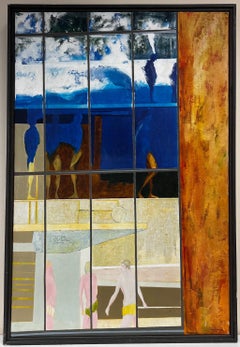 Huge 1970's British Surrealist Abstract Signed Oil Male Figures through Window