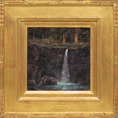 Moonlight Emerald Pool, American Impressionist Landscape Oil Painting Waterfall