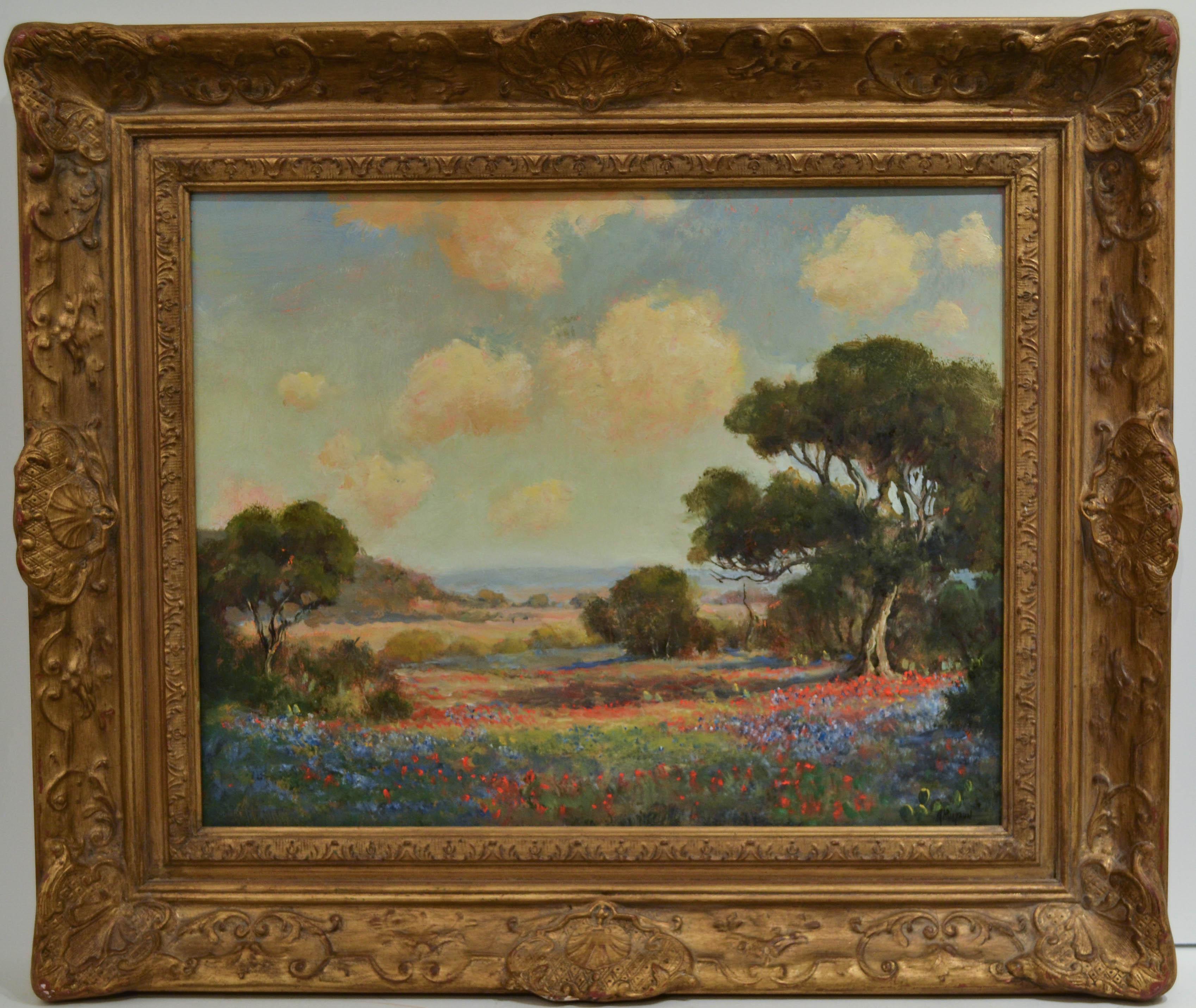 Texas artist  "Lazy Day with Bluebonnets and Paintbrushes" Oil on Wood 16 x 20 - Painting by Jerry Malzahn