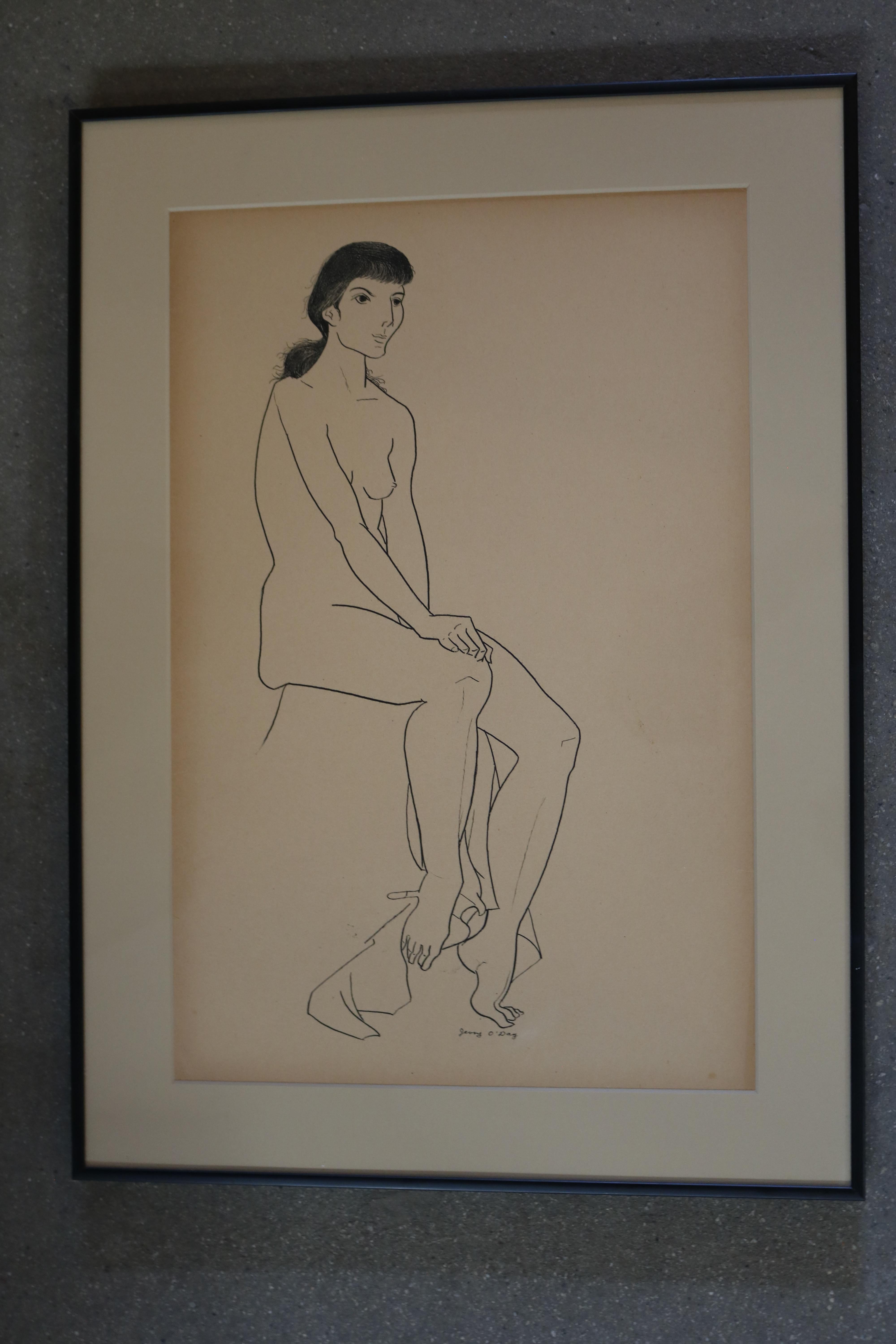 A mild, pensive drawing nude of a woman leaning against a wall.

Jerry O'Day is also known as Geraldine Heib. Born in Oakland, CA on June 17, 1912. Geraldine Heib assumed the name Jerry O'Day at an early age. She grew up in Washington and studied