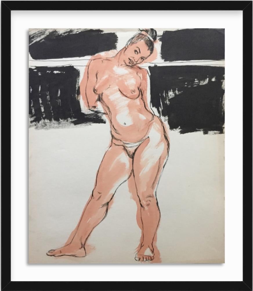 Jerry Opper Nude Painting - 1950s Bay Area Model Flo Allen Nude Gouache Painting 