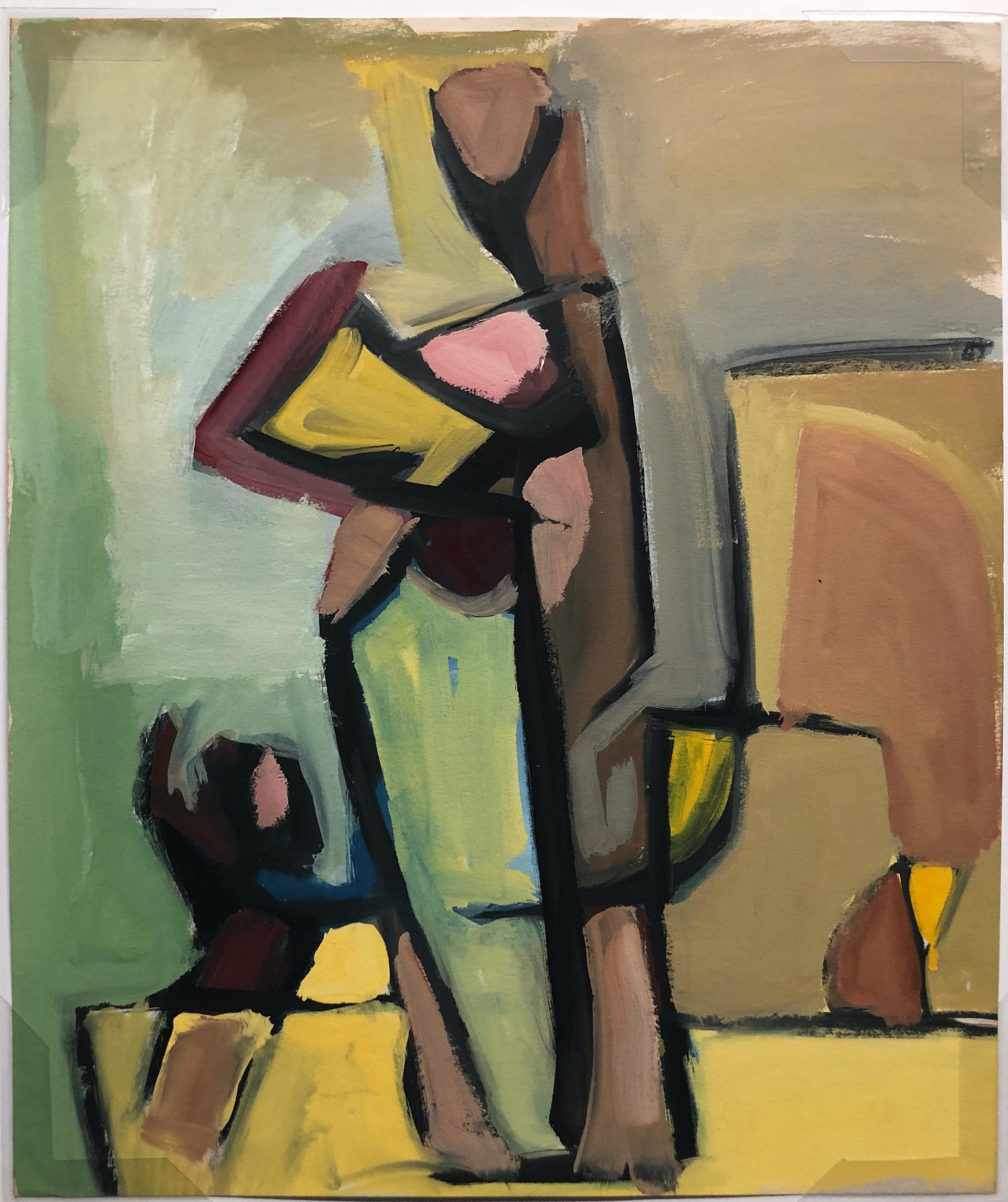 Jerry Opper Figurative Painting - 1950s Gouache Painting "Student and Muse" Mid Century Bay Area Artist