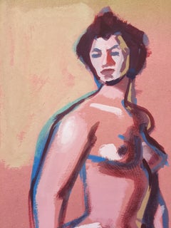 1950s "Pink Lady" Mid Century Gouache Female Nude Painting