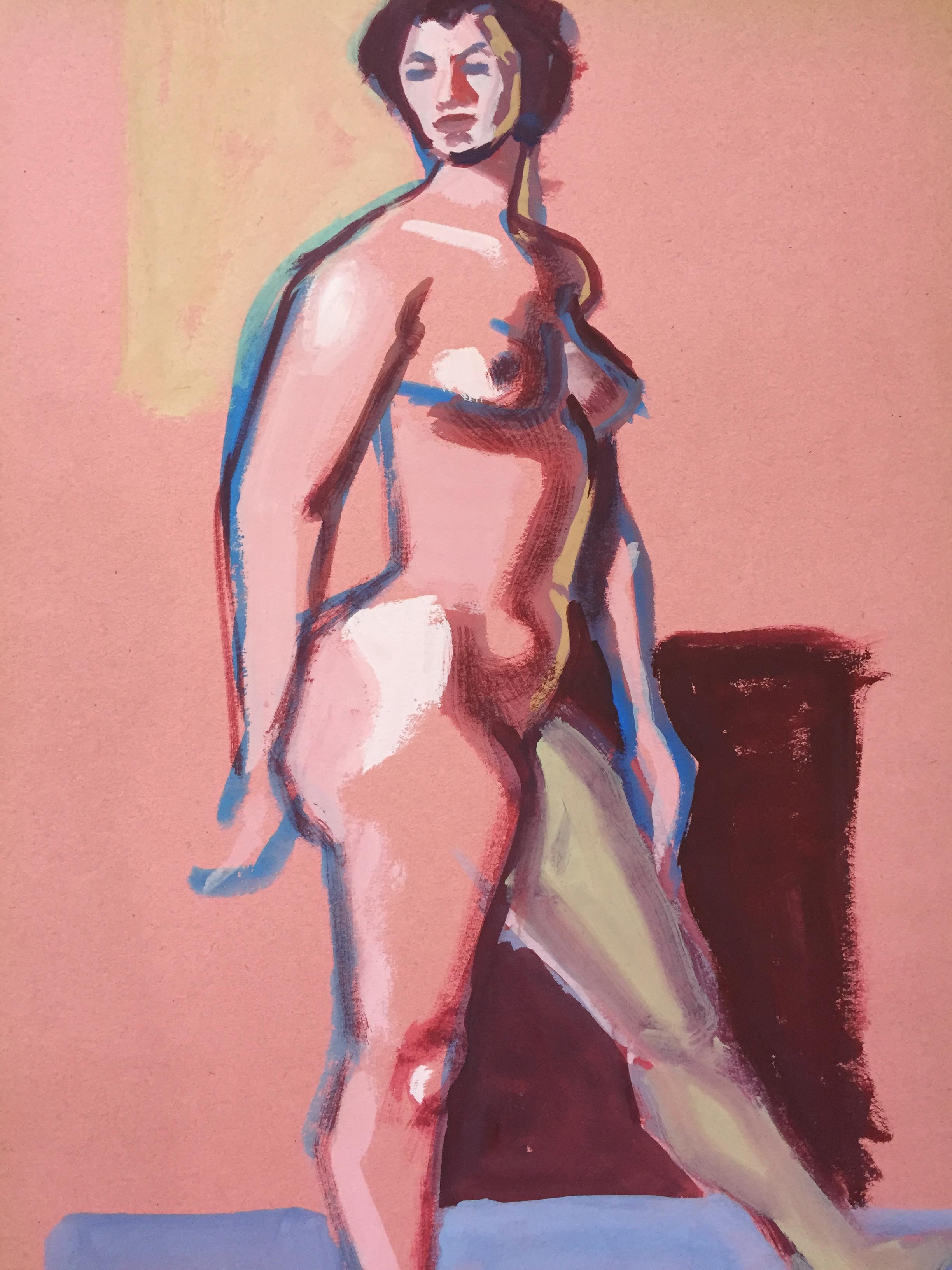 Unknown Figurative Painting - 1950s "Pink Lady" Mid Century Gouache Female Nude Painting 