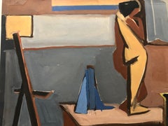 Vintage Mid Century Cubist Female Nude Gouache Painting 