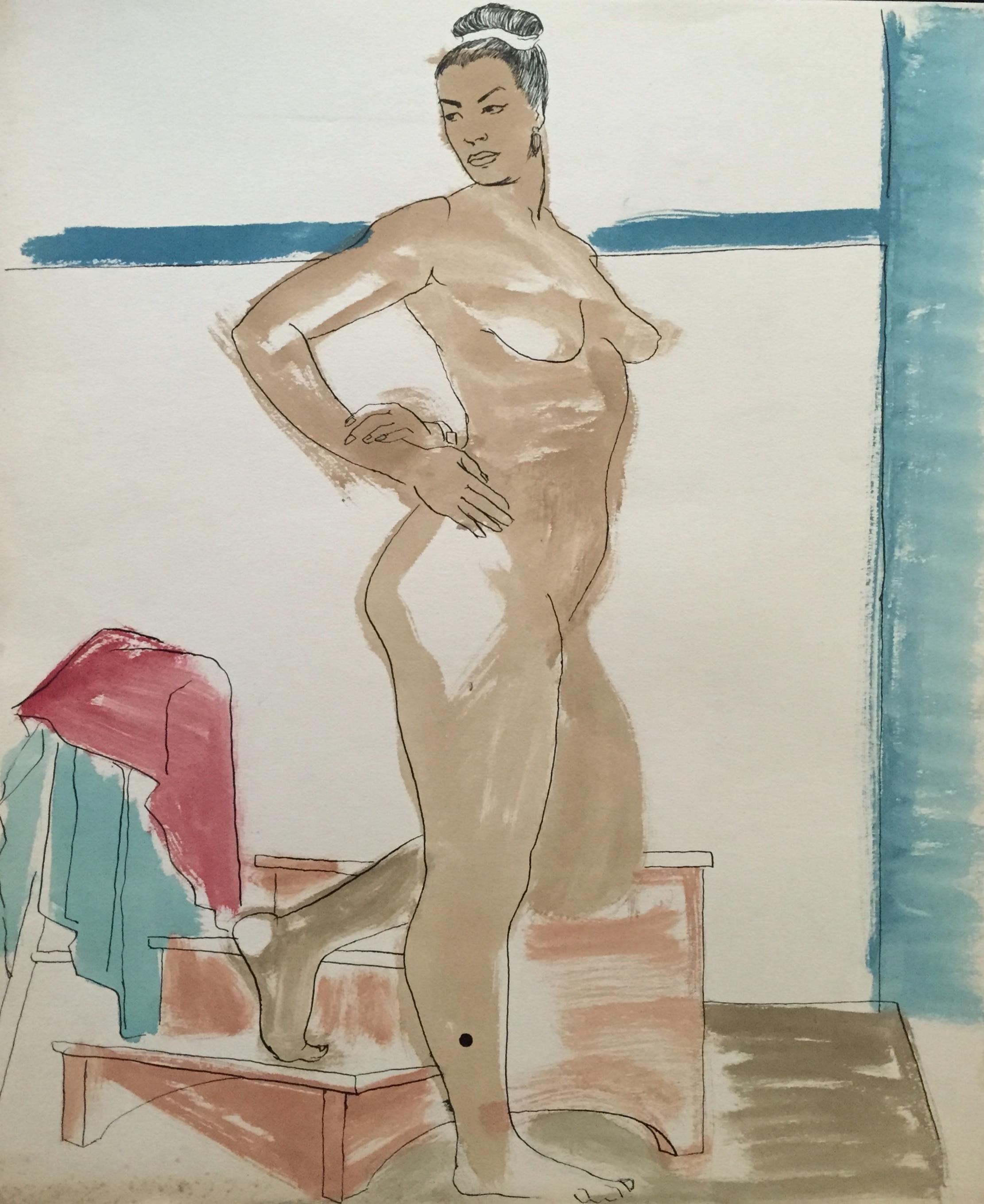Jerry Opper Figurative Painting - Mid Century Flo Allen Gouache Female Nude Painting SF Diego Rivera, Rothko