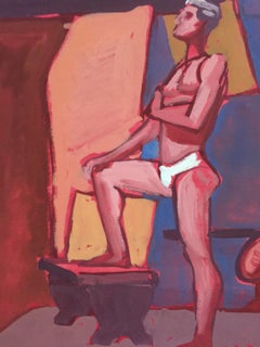 "Tighties" 1950's Gouache Male Nude Mid Century Painting
