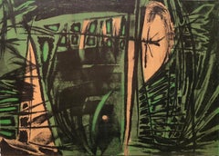 Vintage 1950s "Abstract in Greens" Stone Lithograph Print