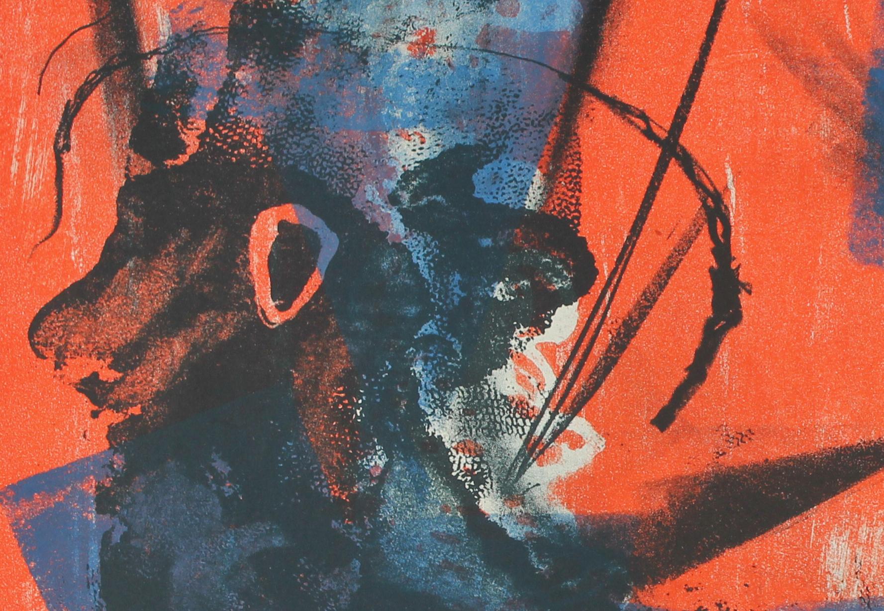 Abstract Expressionist Lithograph in Bright Blue and Orange, Circa 1950s - Print by Jerry Opper