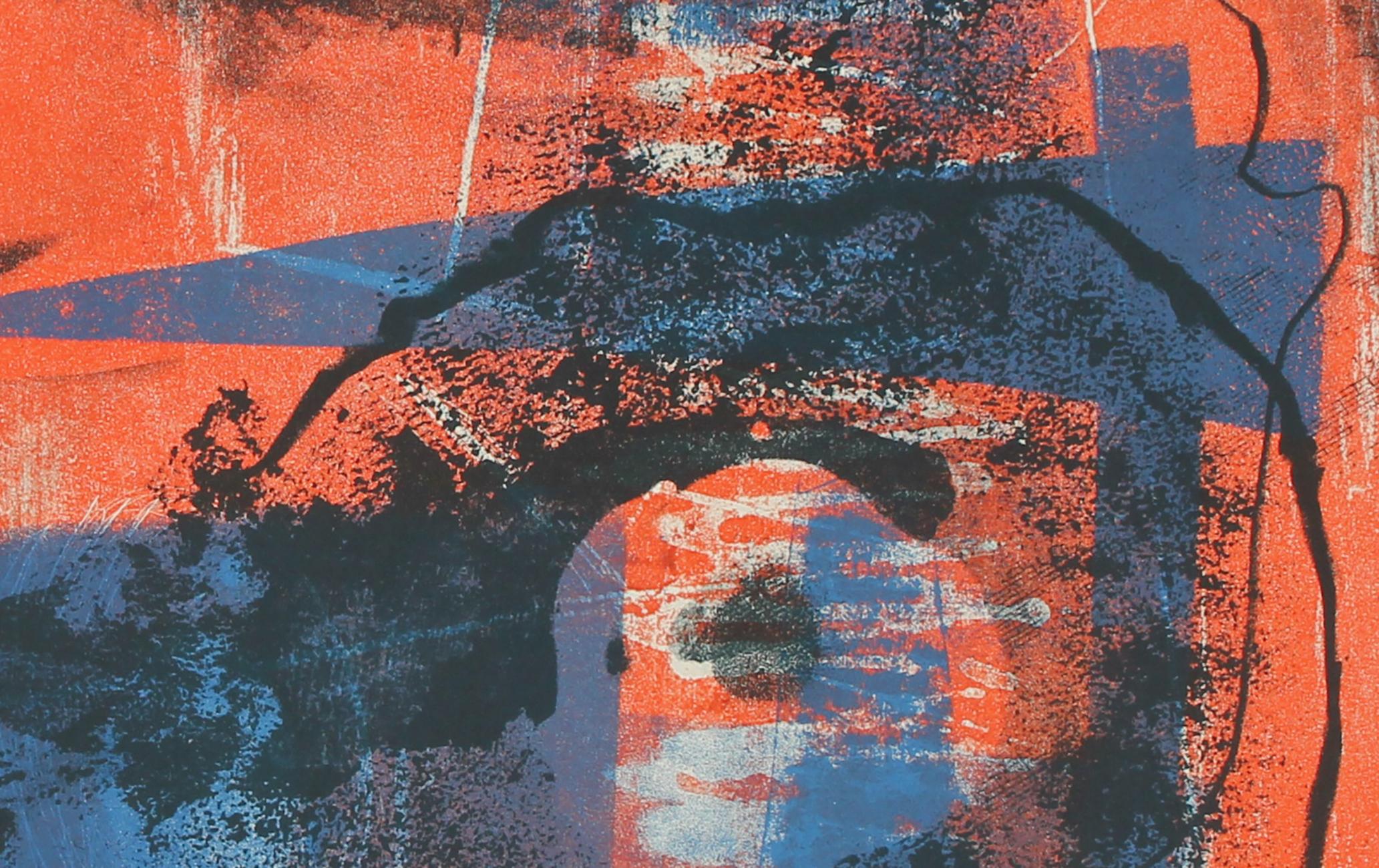 This late 1940s- early 1950s stone lithograph on paper abstract in orange and blue is by California artist Jerry Opper (1924-2014). Opper studied at Chouinard Art Institute, at the Colorado Springs Fine Arts Center, and at the California School of