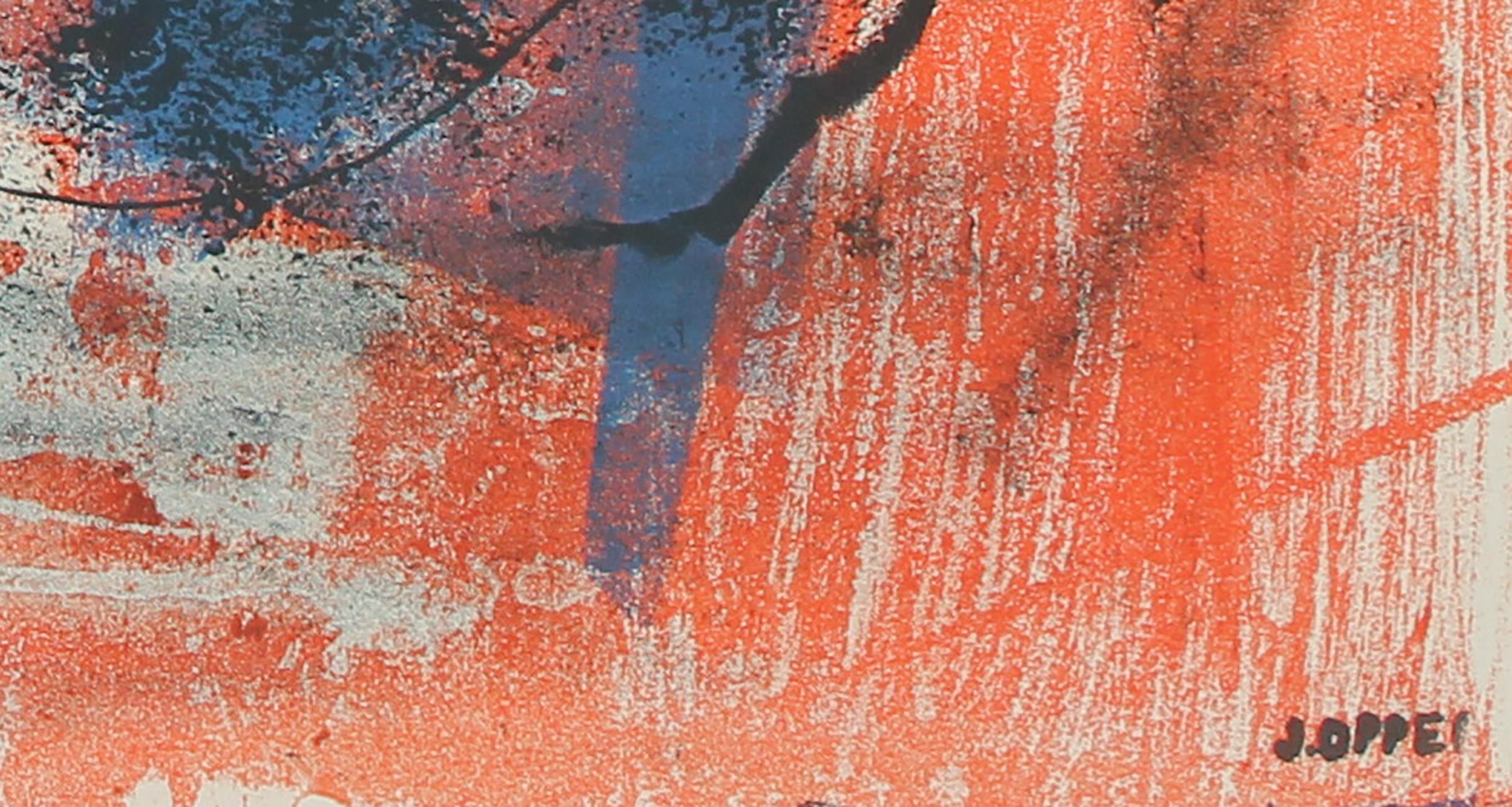 Abstract Expressionist Lithograph in Bright Blue and Orange, Circa 1950s 1