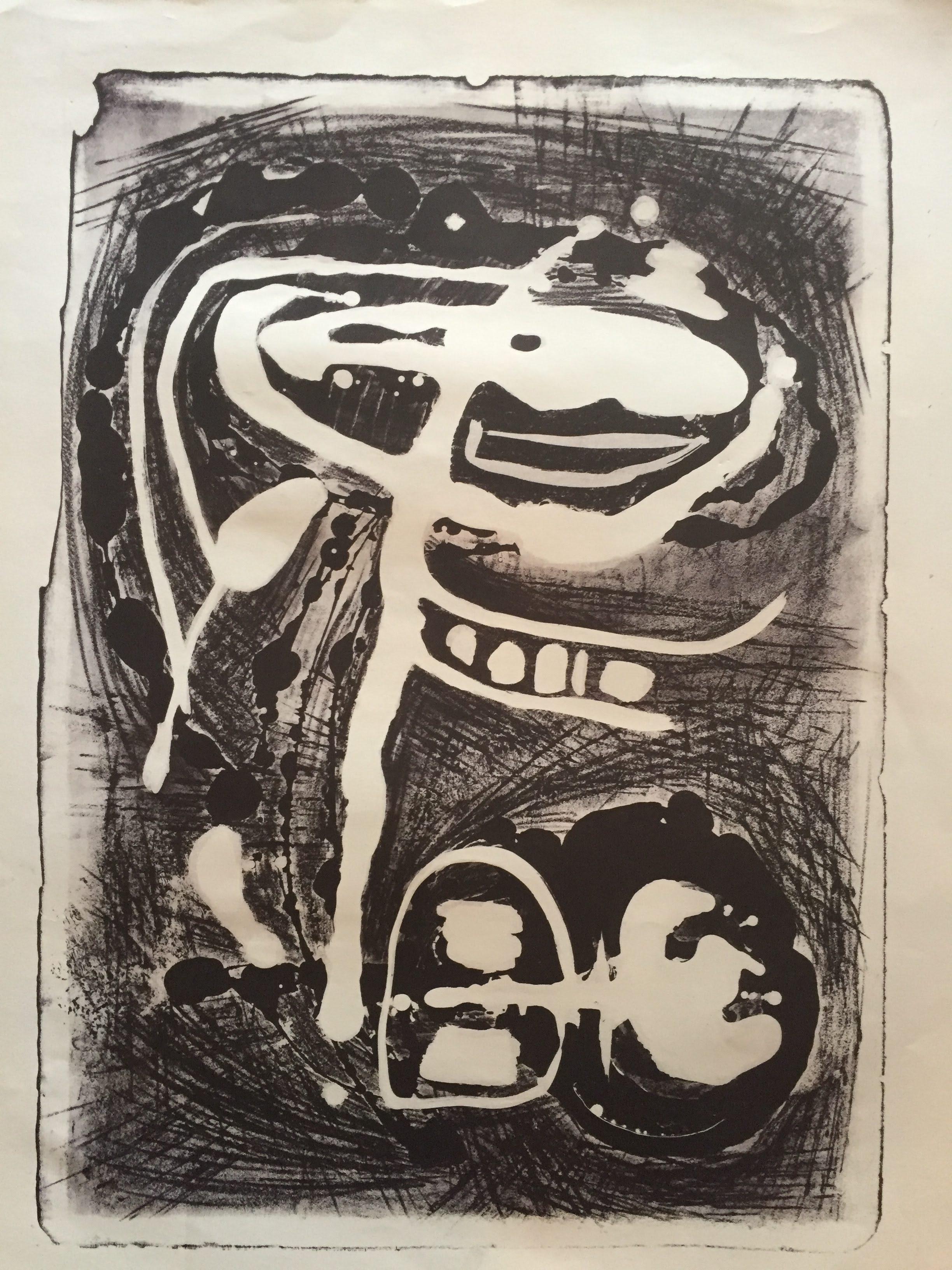 Litografía abstracta Stone 1950 San Francisco Blanco y negro Arte original